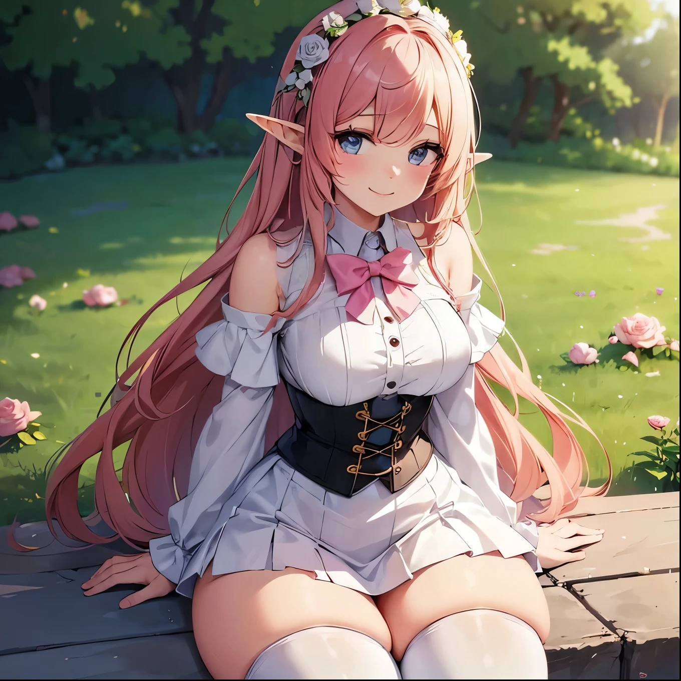 a teenager,pink hair and green eyes.,long white hair,original character、large breasts, fantasy concept art、best shadow、shallow depth of field、Portrait of a noble knight、valuable、happy expression,bright Eyes、Waist with tassels.、hand guard、Paulina、High quality armor texture..,Stop,kneel on one knee(Best Quality,surprising detail:1.25),(alone:1.3),Bright and colorful paints., adventurous clothing, at night, elf ears and small horns