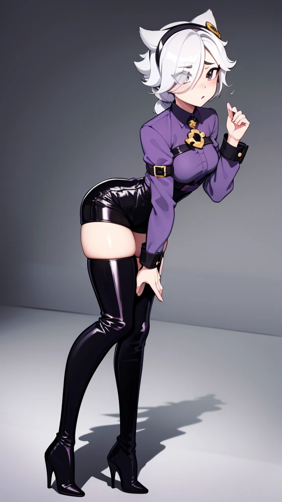 1 girl, Chiori \(genshin impact\), Alone, view from behind, perfect ass, choker:1.6, White long sleeve shirt with long sleeve collar, black leather corset, black gloves that cover your hands, shiny black leggings, glasses, looking at the viewer,, inside, depth of field, expressionless, alley, at night
