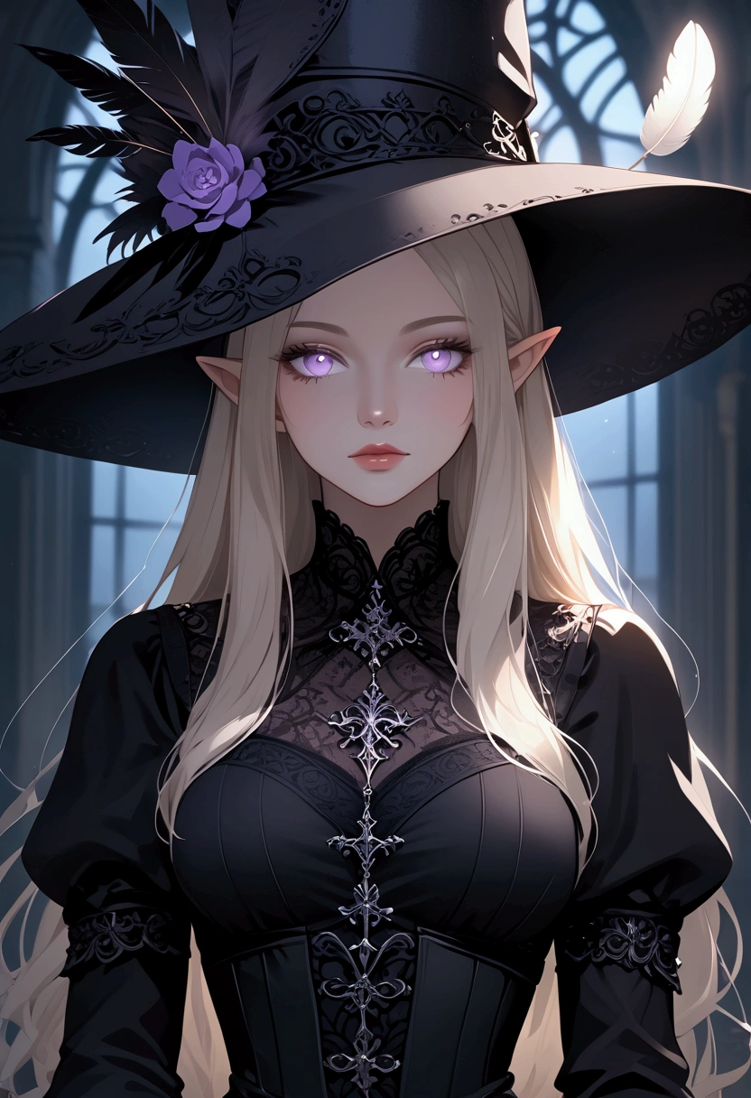 masterpiece, high quality, dark cinematic lighting, moonlight, cold colors, digital, anime, medieval, dark fantasy, smooth linework, close up, textured clothing, textured skin, beautiful face, beautiful lavender eyes, a woman with pale skin, curvy body, thin waist, pointed ears, platinum blonde hair, long hair, wearing a royal gothic black dress, long sleeve dress, wide brimmed hat, black hat, feather in hat, she stands with her arms folded in a dark castle, at night