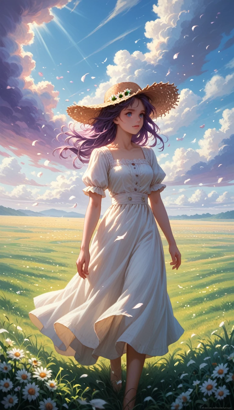  Beautiful view of the Vast Sky,  Warm and Gentle Purple Clouds ,  Sunlight breaks through them , maximum quality,  Girl in her hand a straw hat ,  Her Loose Hair Develops the Wind ,  walking through the Magnificent Meadow , in a chamomile field ,  white daisy petals fly across the field ,  very Extensive view , Beauty, masterpiece,  Complex elaborate background , Post-processing, Fantasy, maximum quality, 16K, anime style