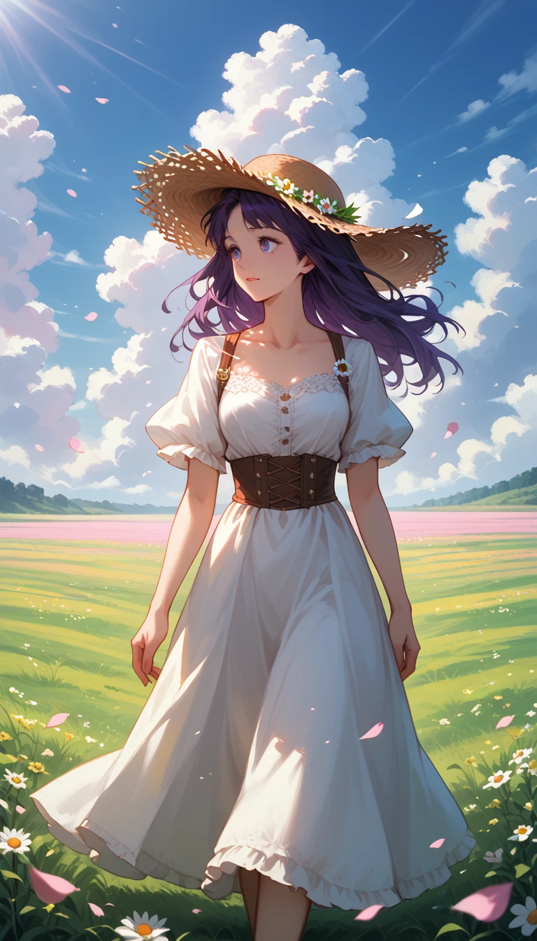  Beautiful view of the Vast Sky,  Warm and Gentle Purple Clouds ,  Sunlight breaks through them , maximum quality,  Girl in her hand a straw hat ,  Her Loose Hair Develops the Wind ,  walking through the Magnificent Meadow , in a chamomile field ,  white daisy petals fly across the field ,  very Extensive view , Beauty, masterpiece,  Complex elaborate background , Post-processing, Fantasy, maximum quality, 16K, anime style