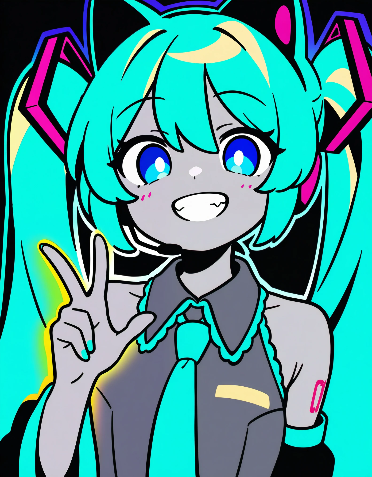 1girl, 1o1i, Hatsune Miku, limited palette, black background, colorful, vibrant, glowing outline, neon, blacklight, looking at viewer, hand up, shirt, green, headset, very long hair, grey shirt, smile, bare shoulders, grin, sleeveless shirt, white, blue eyes, necktie, sleevele, upper body, aqua hair, simple background, collared shirt, twintails, long hair, flat color, detached sleeves, hair ornament, aqua necktie, bangs, nail polish, solo, An illustration of a girl with blue hair and cat ears. she is wearing a black outfit with a red bow on her head. the background is black with small white dots scattered around. the girl has a big smile on her face and is making a peace sign with her right hand. the overall style of the illustration is cartoon-like and playful.