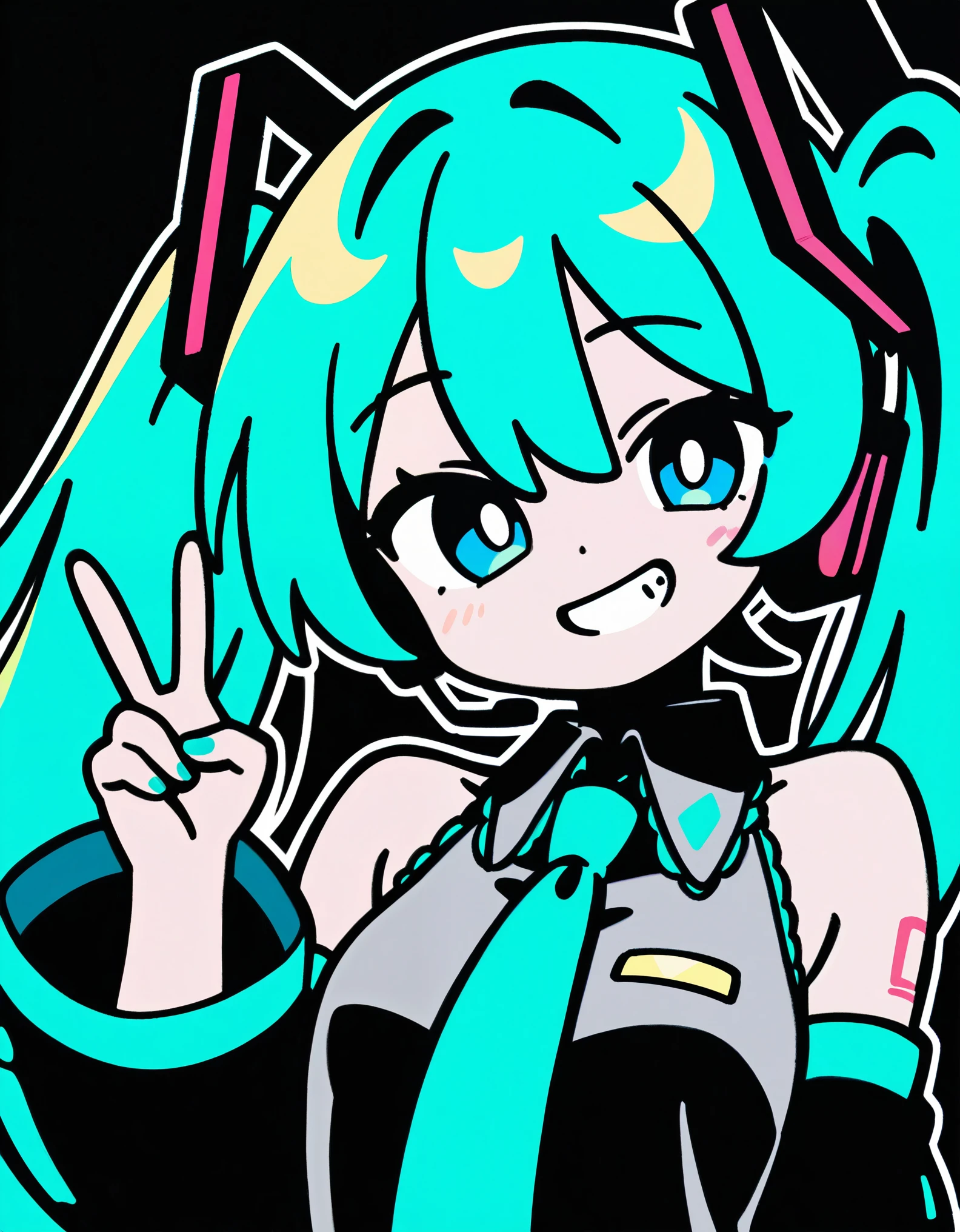 1girl, 1o1i, Hatsune Miku, limited palette, black background, colorful, vibrant, glowing outline, neon, blacklight, looking at viewer, hand up, shirt, green, headset, very long hair, grey shirt, smile, bare shoulders, grin, sleeveless shirt, white, blue eyes, necktie, sleevele, upper body, aqua hair, simple background, collared shirt, twintails, long hair, flat color, detached sleeves, hair ornament, aqua necktie, bangs, nail polish, solo, An illustration of a girl with blue hair and cat ears. she is wearing a black outfit with a red bow on her head. the background is black with small white dots scattered around. the girl has a big smile on her face and is making a peace sign with her right hand. the overall style of the illustration is cartoon-like and playful.