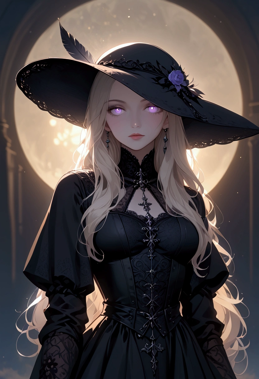 masterpiece, high quality, dark cinematic lighting, moonlight, cold colors, digital, anime, medieval, dark fantasy, smooth linework, close up, textured clothing, textured skin, beautiful face, beautiful lavender eyes, a woman with pale skin, curvy body, thin waist, medium breasts, pointed ears, platinum blonde hair, long hair, wearing a royal gothic black dress, long sleeve dress, wide brimmed hat, black hat, feather in hat, she stands with her arms folded in a dark castle, at night