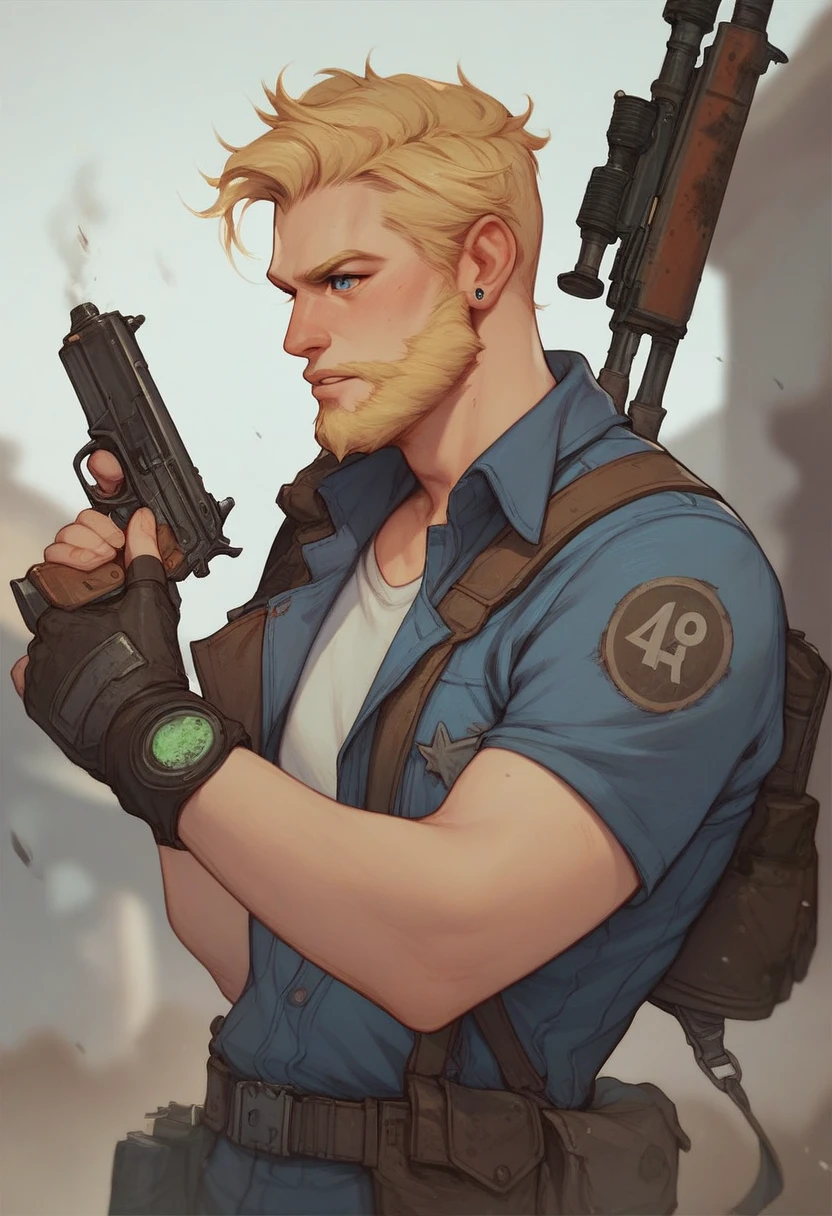 Male character, Blonde hair, Fine beard, light skin, blue eyes. He's wearing an  "Fallout Game".  He's standing holding a scrapped gun. Very details, UHD