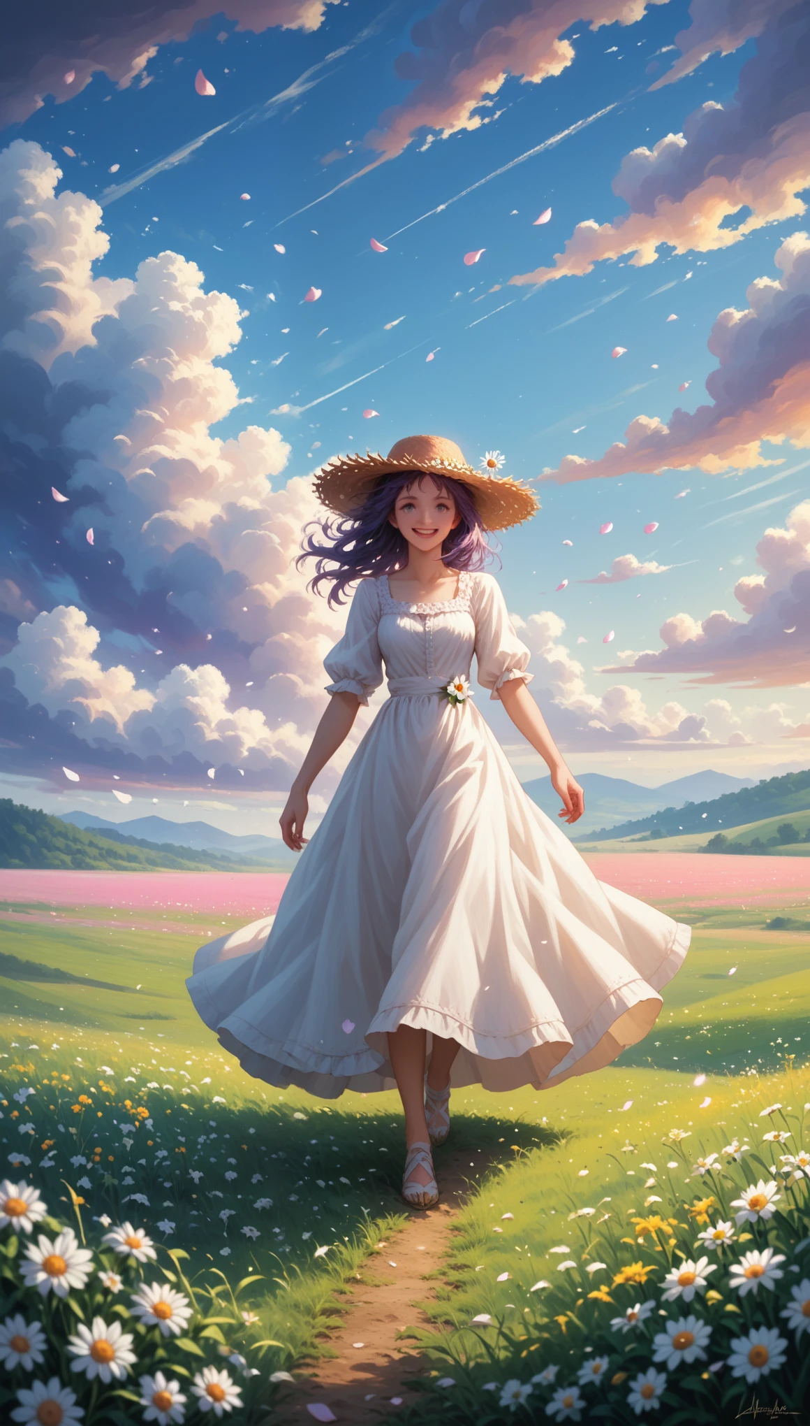  Beautiful view of the Vast Sky,  Warm and Gentle Purple Clouds ,  Sunlight breaks through them , maximum quality,  Girl in her hand a straw hat ,  Her Loose Hair Develops the Wind ,  walking through the Magnificent Meadow , in a chamomile field ,  white daisy petals fly across the field ,  very Extensive view , Beauty, masterpiece,  Complex elaborate background , Post-processing, Fantasy, maximum quality, 16K, anime style