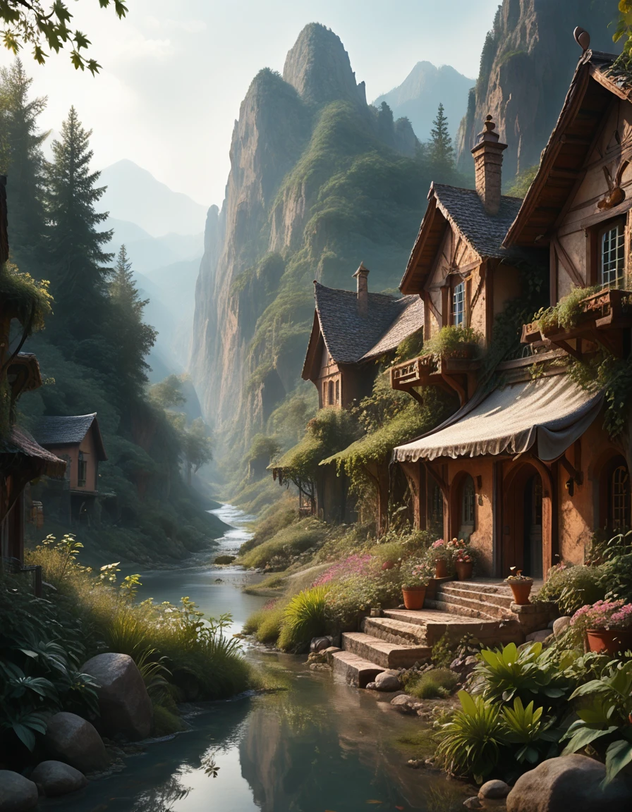 A small village by the river, mountains in the background, floral flowers colorful, detailed landscape, beautiful natural landscapes,  atmospheric lighting, scorching sunset, warm colors, Practical, фотоPractical, detailed foliage, complex buildings, paved street,  charming country house, swirl bright colors, lush vegetation, reflections on water, picturesque, idyllic,  artwork, the best quality, 8k, very detailed, anime stylization