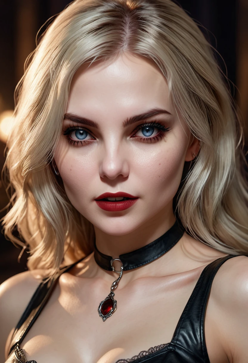 "Complete art masterpiece, high quality, ultra detailed in 4k, 8k, high resolution, hyper-realistic full body photo, hyper-detailed, realistic skin texture, amazing shadows, extremely detailed texture, perfect lighting, high-level image quality." A female vampire, Fair skin, blond hair, outlined eyes, outlined face, bracelet, Full body, Nice leather clothes, victorian city on back, night, dark