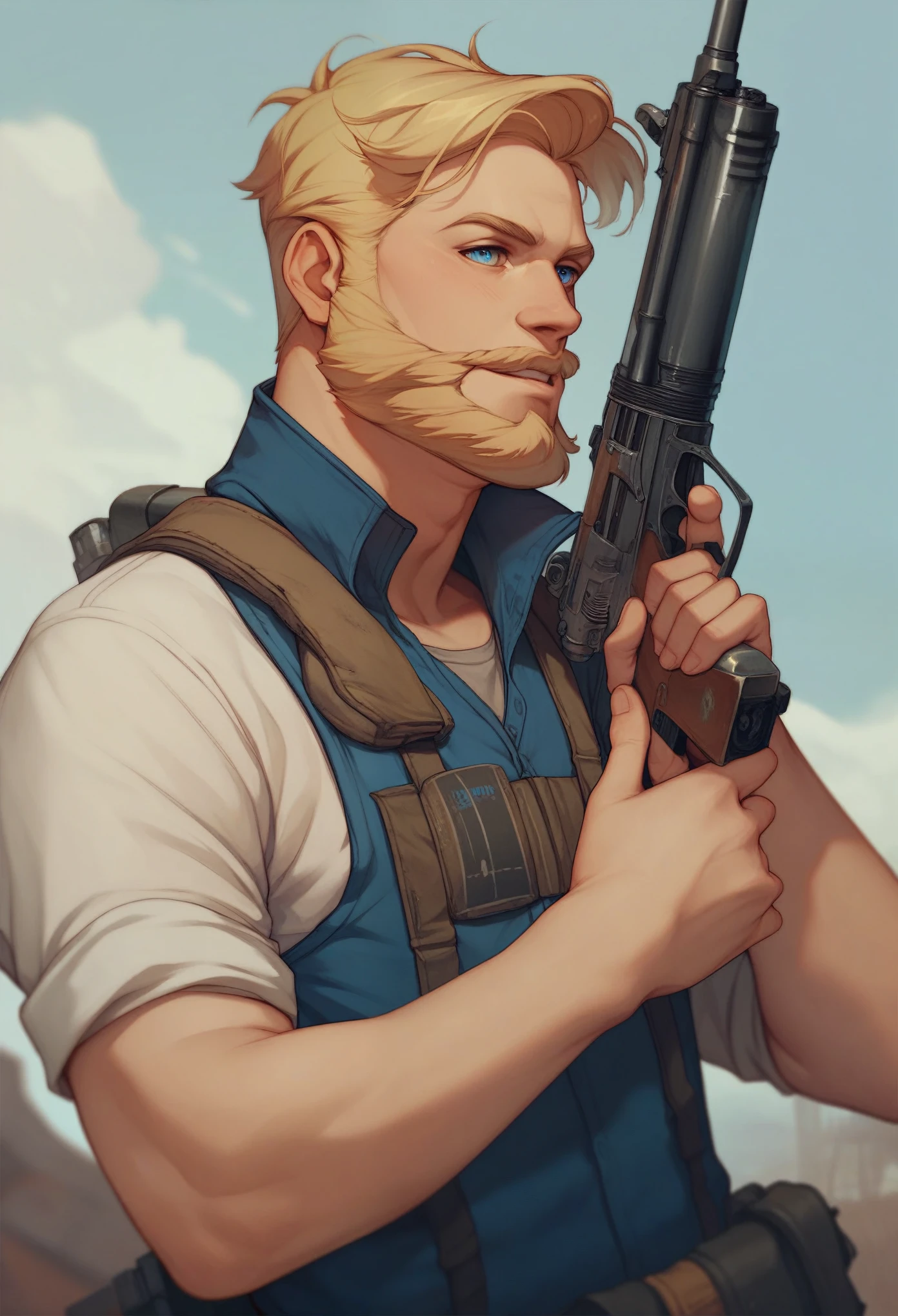 Male character, Blonde hair, Fine beard, light skin, blue eyes. He's wearing an  "Fallout Game".  He's standing holding a scrapped gun. Very details, UHD