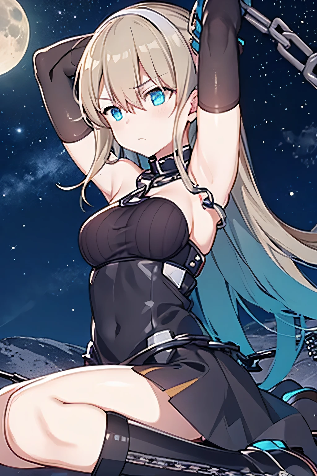 1girl, solo, gloves, gloves, dress, bare shoulders, closed mouth, boots, sky, black gloves, black footwear, blindfold, night sky, full moon, elbow gloves, armpits, arms up, ((chain, bound, restrained:1.3)), sitting, wariza, night, starry sky, sky, view from below, far shot, cowboy shot, masterpiece, best quality