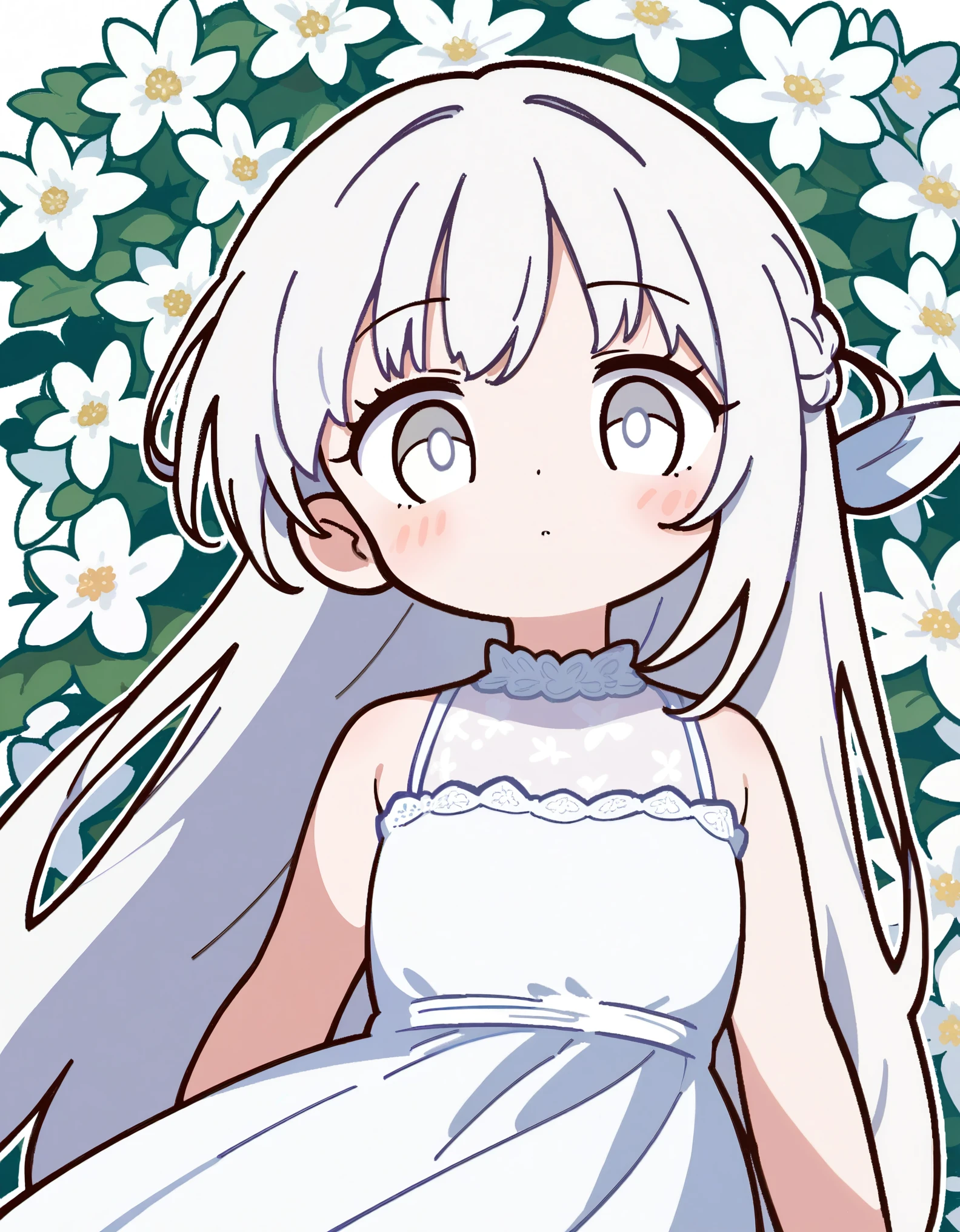 1girl, white hair, long hair, white eye, many white flower, Front View, cute style, white dress