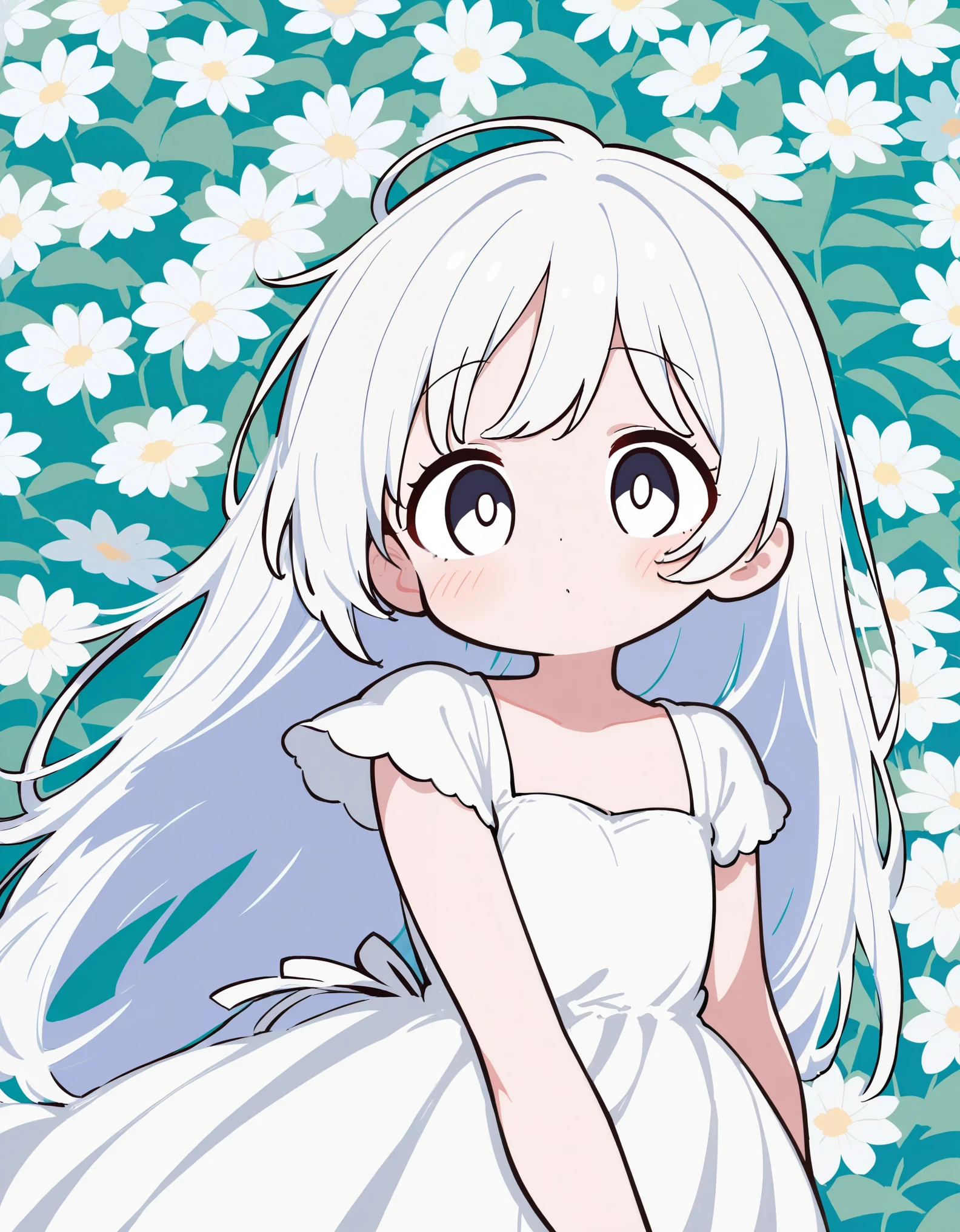 1girl, white hair, long hair, white eye, many white flower, Front View, cute style, white dress