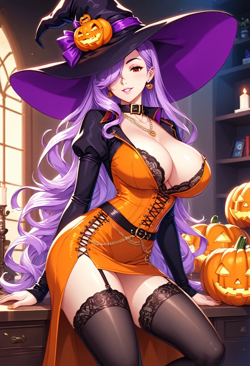 score_9, score_8, score_7, source_  animated, 1mature_FE, dominatriz,  white skin, flirtatious look, smile, pink lip, black dog collar,  elegant gold chain necklace ,  Halloween costume, Big witch hat, black cloth skirt,  black shirt with orange lace , orange tunic ,  stockings with black lace straps , flirtatious look,  bright purple hair , Very long hair, Hair covers one eye, Red eye,  Big breasts,  office room decorated with Halloween ornaments, cuerpo perFEcto, anatomía perFEcta, erotic anatomy, brazos perFEctos, dedos perFEctos, Piernas perFEctas, ambient light, shading.