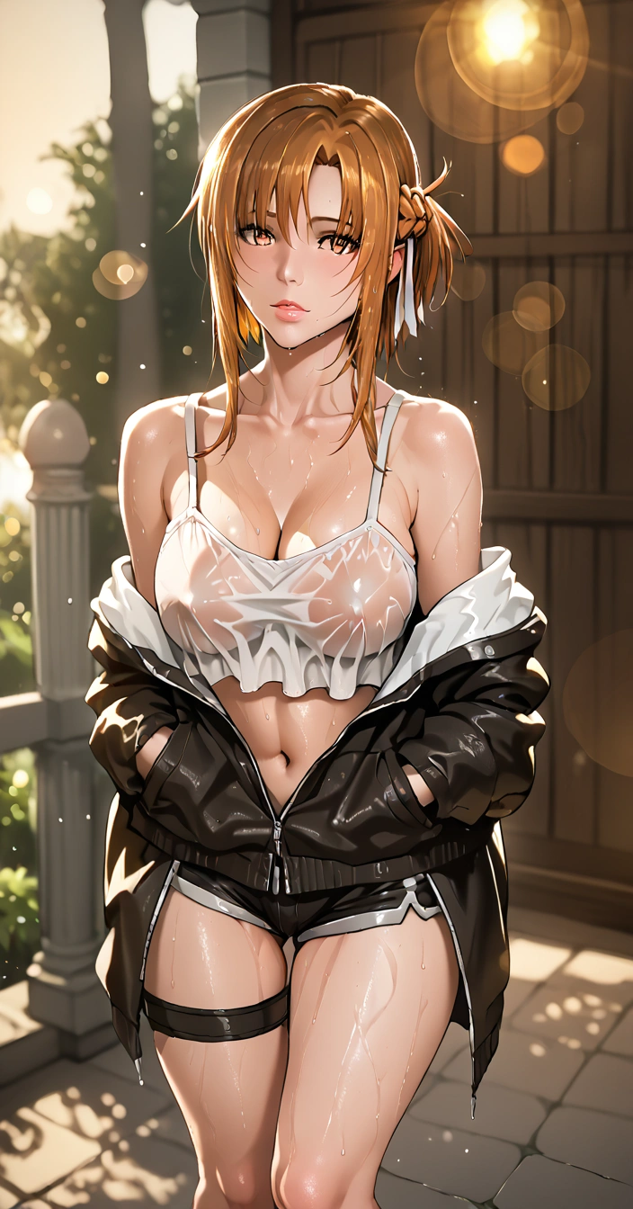 maidoll, score_9, score_8_up, score_7_up, score_6_up, asuna yuuki from sword art online, orange hair, fold, braid, short hair, orange eyes, BREAK beautiful detailed eyes, beautiful detailed lips, extremely detailed face and portrait, elegant expression, soft warm lighting, volumetric lighting, cinematic composition, detailed environment, lush garden, vibrant colors, intricate details, masterpiece, high resolution, digital painting, excessive sweating, sweating profusely, sweating drop BREAK, shorts, jacket, ribbon, cleavage, solo, looking_at_viewer, wet, off_shoulder, bare_shoulders, navel, wet_clothes, short_shorts, thigh_strap, open_clothes, hands_in_pockets, midriff, black_shorts, standing, open_jacket, collarbone, outdoors, clothes_writing, (bokeh:1.3), backlighting, protruding breasts, 