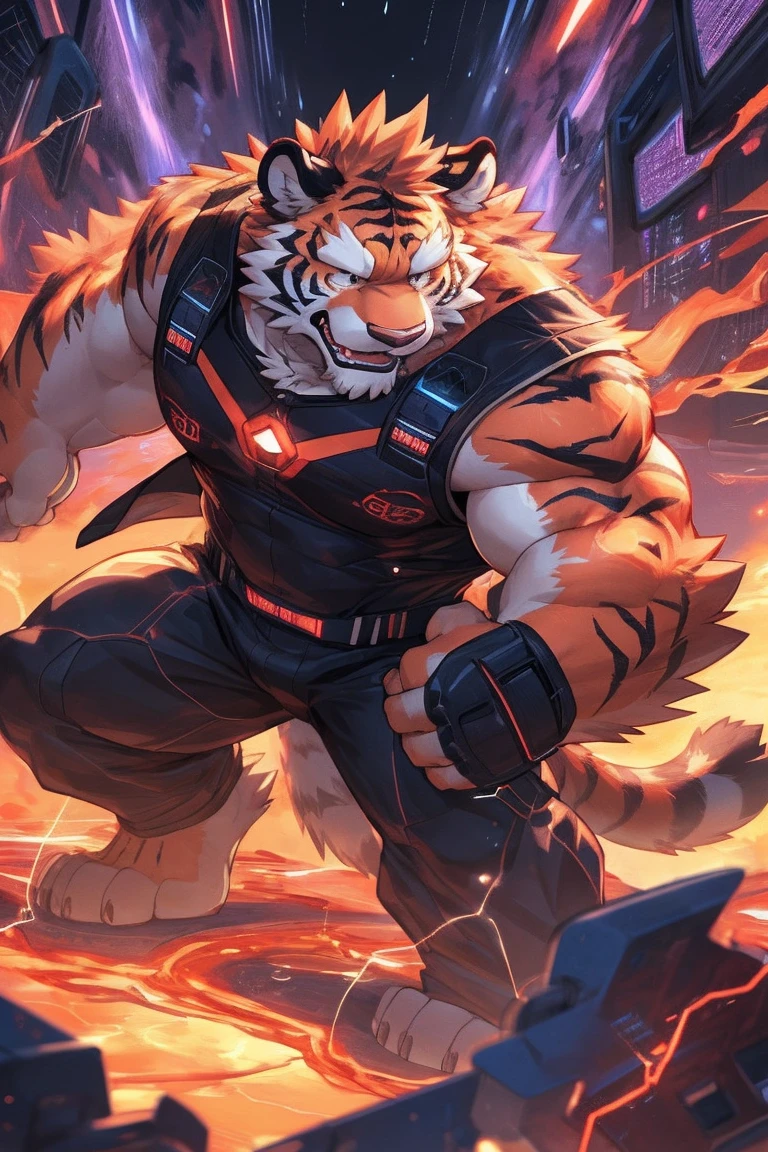 (full body), detailed background, (((Fire breathing) )), delga, male, anthro, green eyes, detailed eyes, (scowl, nervous, running, ((athletic slim, slim hunk, serious, scared), ripped clothes, armor), by null-ghost, by takemoto arashi, by canyne khai, macro in tiny city