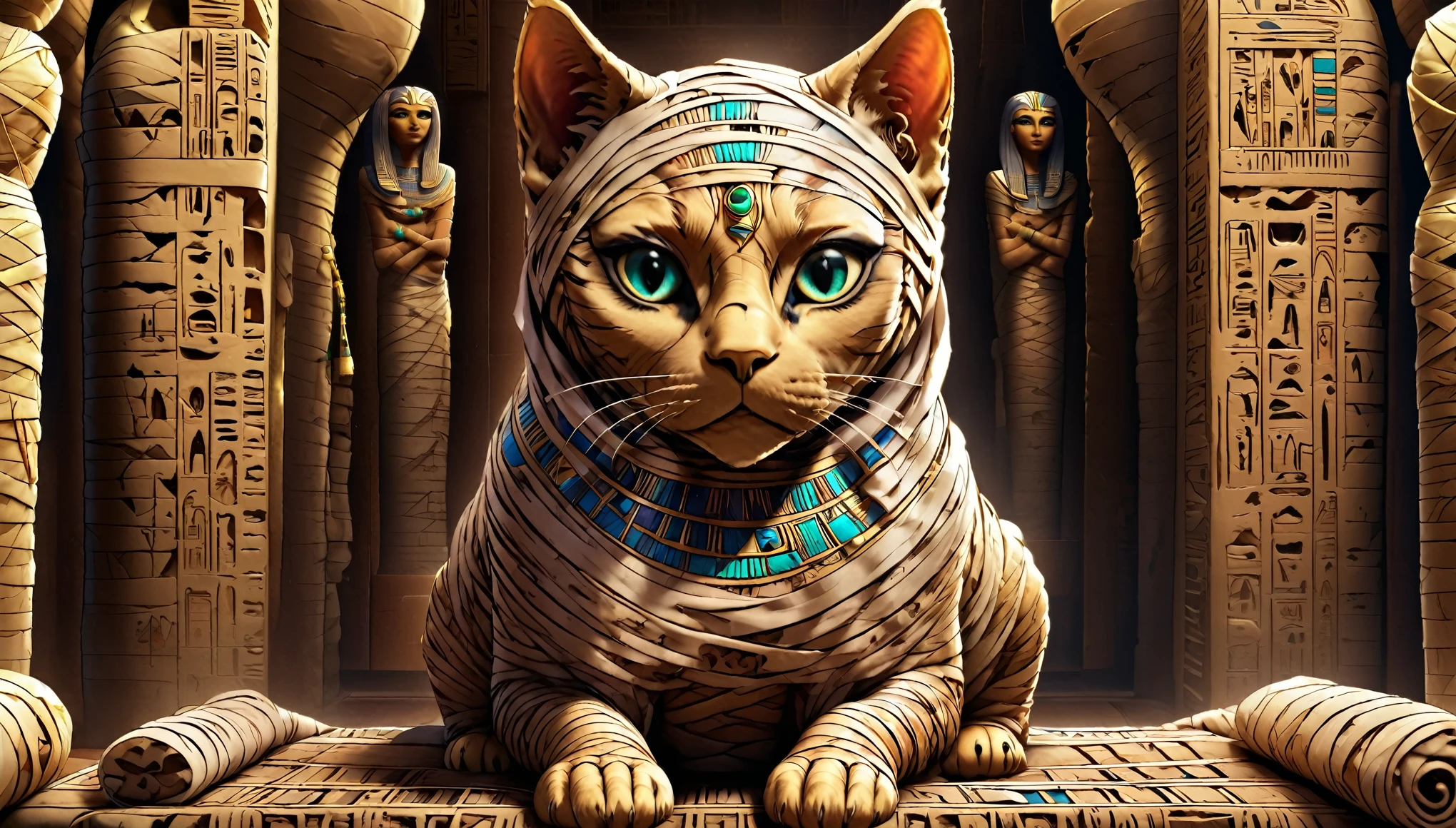 kitten mummy, egyptian throne, 8k, ultra-detailed, masterpiece