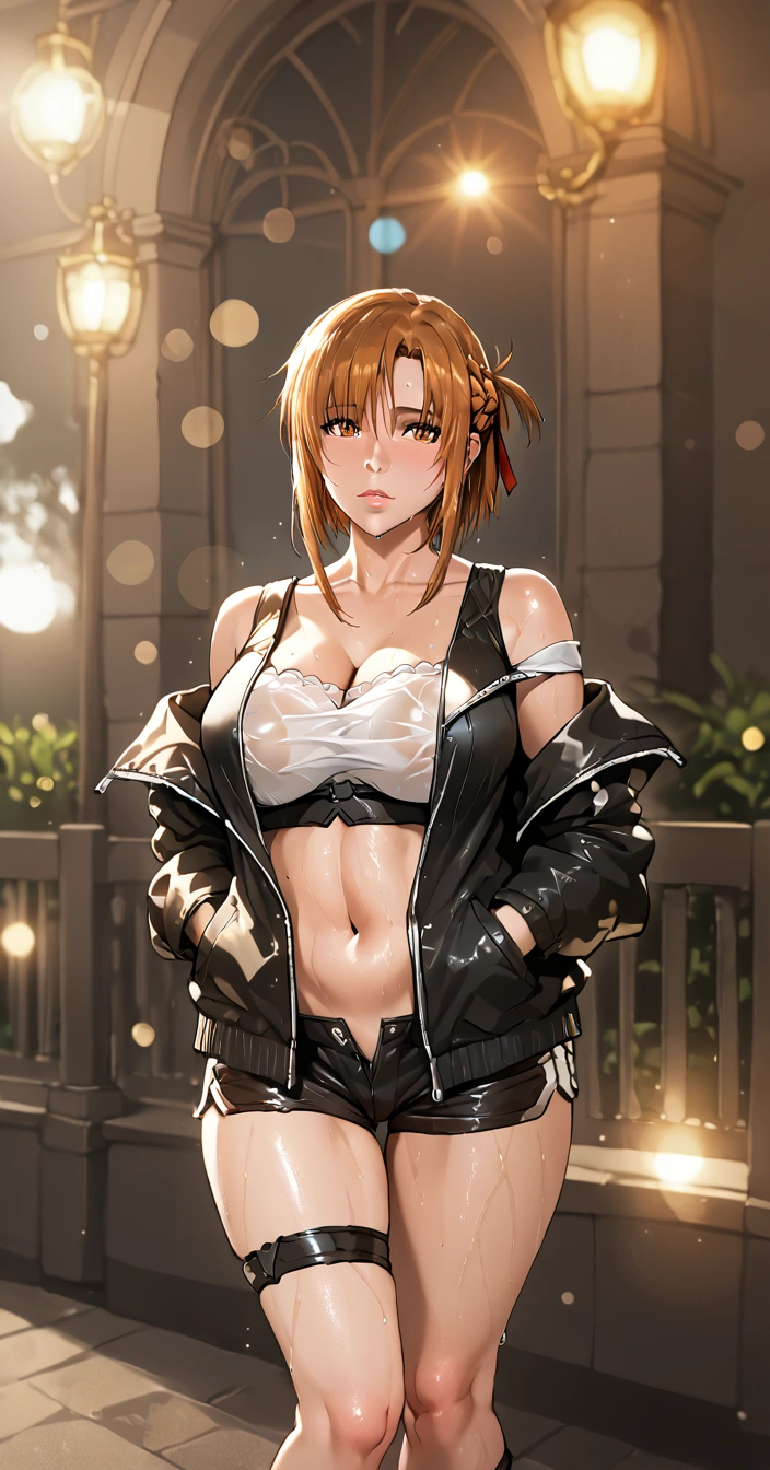 maidoll, score_9, score_8_up, score_7_up, score_6_up, asuna yuuki from sword art online, orange hair, fold, braid, short hair, orange eyes, BREAK beautiful detailed eyes, beautiful detailed lips, extremely detailed face and portrait, elegant expression, soft warm lighting, volumetric lighting, cinematic composition, detailed environment, lush garden, vibrant colors, intricate details, masterpiece, high resolution, digital painting, excessive sweating, sweating profusely, sweating drop BREAK, shorts, jacket, ribbon, cleavage, solo, looking_at_viewer, wet, off_shoulder, bare_shoulders, navel, wet_clothes, short_shorts, thigh_strap, open_clothes, hands_in_pockets, midriff, black_shorts, standing, open_jacket, collarbone, outdoors, clothes_writing, (bokeh:1.3), backlighting, protruding breasts, thick, plump, groin