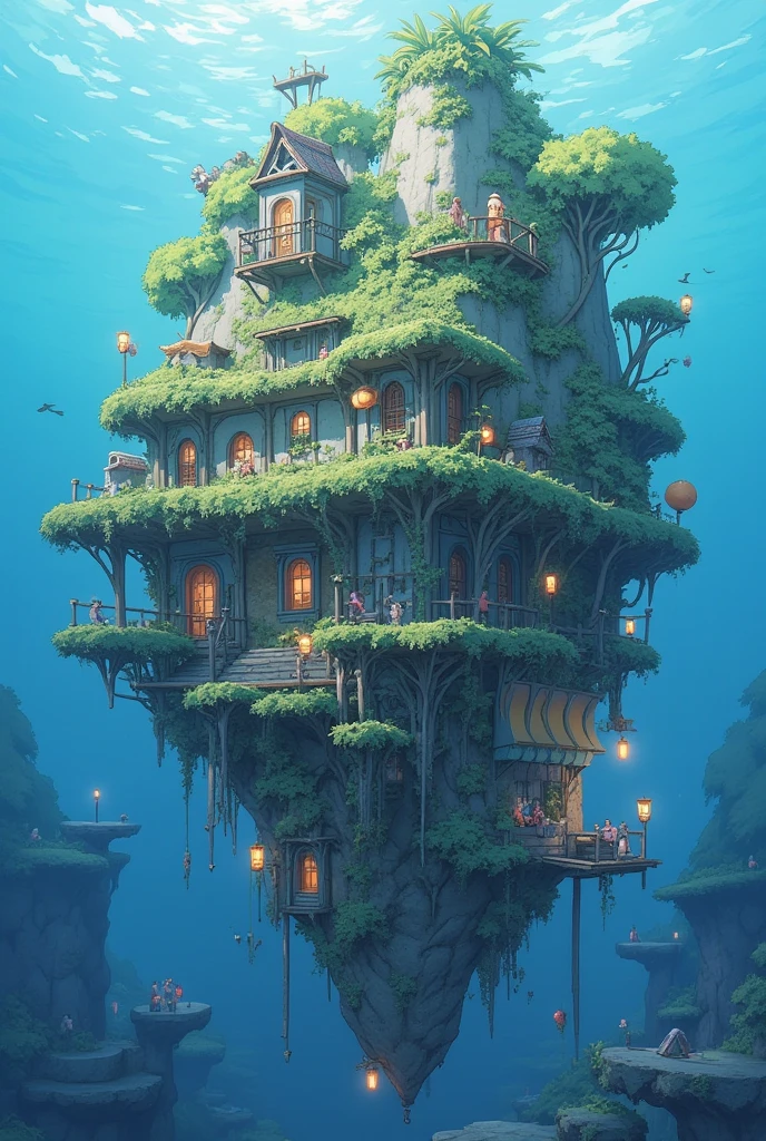 Color (Fantasy: 1.2), (Hayao Miyazaki style), (irregular building floating under the sea), patchwork cottages, Moss decorations, coral, lights, concept art inspired by Andreas Rocha, Artstation contest winner, Fantasy art, (underwater city), ross tran, light shafts, realistic lighting, masterpiece, high quality, beautiful graphics, high detail, masterpiece, high quality, beautiful graphics, high detail, 