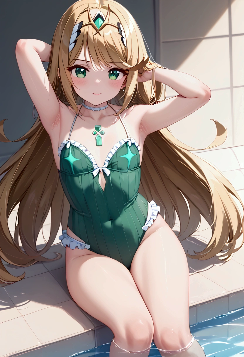  High image quality 、masterpiece、 high quality、Full HD、4K、View from the front、naked、 Xenoblade in groups、Hikari( flat chest、Blonde 、Waist-length hair、Green Eyes、 green swimsuit with frills、A headband with a green jewel)、  troubled face、shy、tears、Open your hands、 Close your thighs  、 Raise your arms above your head、Pool