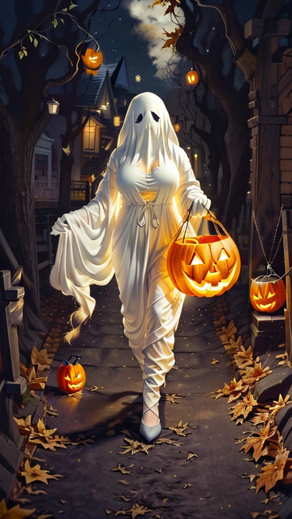 (（（figure，御姐figure,White and tender skin,（（（ghost costume,ghost,））），,(（（No Head ））),((masterpiece)),highres,((Best quality at best)),masterpiece,quality,Best quality,(（（  for the audience ,））），Huge breasts，苗条figure，forest，night，Pumpkin lanterns fall from the sky）））