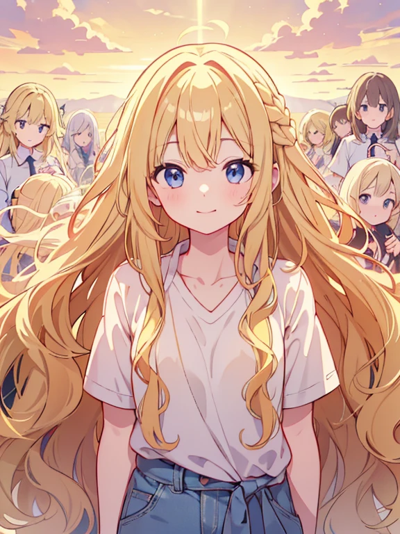  absurd with 22 people,  absolute resolution , incredibly  absurd with 22 people,  Super High Quality , super detailed, Official Art,  unity 8K wall ,  masterpiece break one  ,  under a beautiful golden sky、innocent, ,  cute smile  ,  (super detailed),  (( long wavy blonde hair :1.3)),(1 person、:1.4)、Cute face, (((shirt lift half  ) ,Long Hair