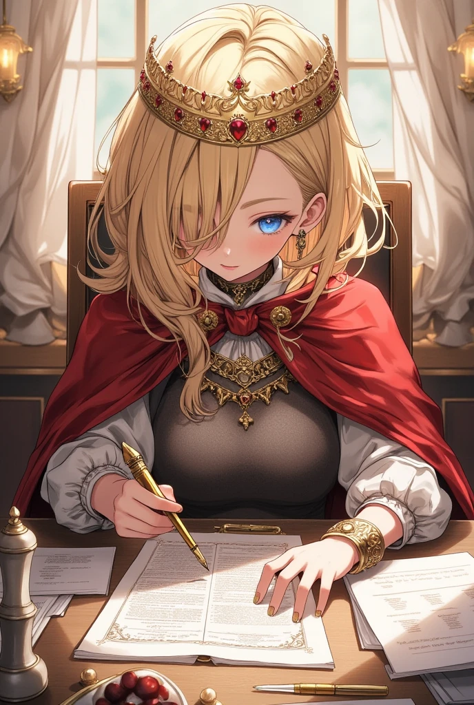 (Masterpiece: 1.2, Best Quality), Realistic, (Realistic Picture, Complex Details, Depth of Field), Best Quality, Masterpiece, Highly Detailed, Semi Realistic, 1 Girl, Mature Female, 21 Years Old, Blond Hair, Shoulder length Short Hair, Left Eye Covered with Hair, Blue Eyes, King's Clothes, Red Cloak, Slim Figure, Crown Made of Precious Gold, Reading Documents, Marking Documents, Goose Hair Pen, Office Table, Soft Bench, Palace, In the palace, during the Middle Ages