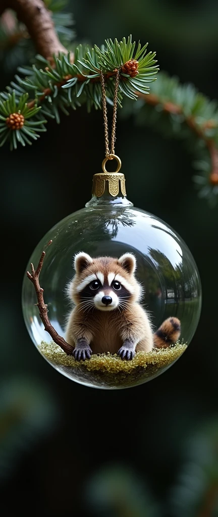 A photo of a clear glass ornament with a cute, extra fluffy baby raccoon inside. The raccoon is sitting on a branch and has its eyes wide open. The background is dark.