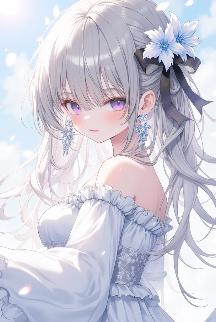 Masterpiece, Superb Piece, Daytime, Outdoor, Falling Flowers, White Dress, 1 Girl, Perfect Woman, Silver and White Long Haired Woman, Gray Blue Eyes, Pale Pink Lips, Cold, Serious, Bang, Purple Eyes, White Clothes, Black Clothing Lines, Delicate Face, Exquisite Face, Standing Bow, Tassels, Happiness Knot, Smile