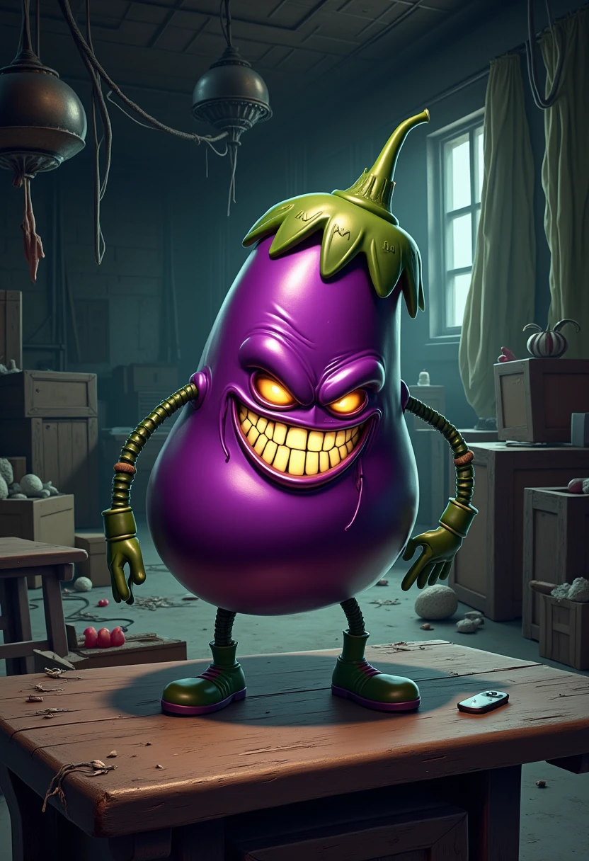 An image of a villainous item: A nefarious, cartoonish eggplant flashlight stands atop a rickety, old wooden table, its malevolent presence casting an ominous glow across the dimly lit, abandoned warehouse. This diabolical eggplant flashlight has a menacing, maniacal grin etched into its purple, slightly wrinkled skin, with the smile stretching across its middle section, where the light source emanates. The wicked beam of light shines brightly from its gleeful, toothy maw, illuminating the dusty crates and cobwebs surrounding it.
The flashlight's handle, shaped like a twisted eggplant stem, seems to be grasping the table's edge, as if ready to spring to life at a moment's notice, radiating an aura of malice and foreboding. The object's overall design exudes a sense of wicked glee, as if reveling in its own sinister nature. Shadows dance across the walls, accentuating the villainous eggplant flashlight's sinister presence, making it appear as if it's plotting its next dastardly move.
In the background, broken machinery and old boxes loom, casting long, ominous shadows across the concrete floor. A tattered, old curtain billows in the faint, eerie breeze, as if the very warehouse itself is shrouding the eggplant flashlight in secrecy, amplifying its maleficent aura. The air is thick with an atmosphere of malevolence, and the eggplant flashlight stands at the epicenter, radiating its wicked, mischievous energy.