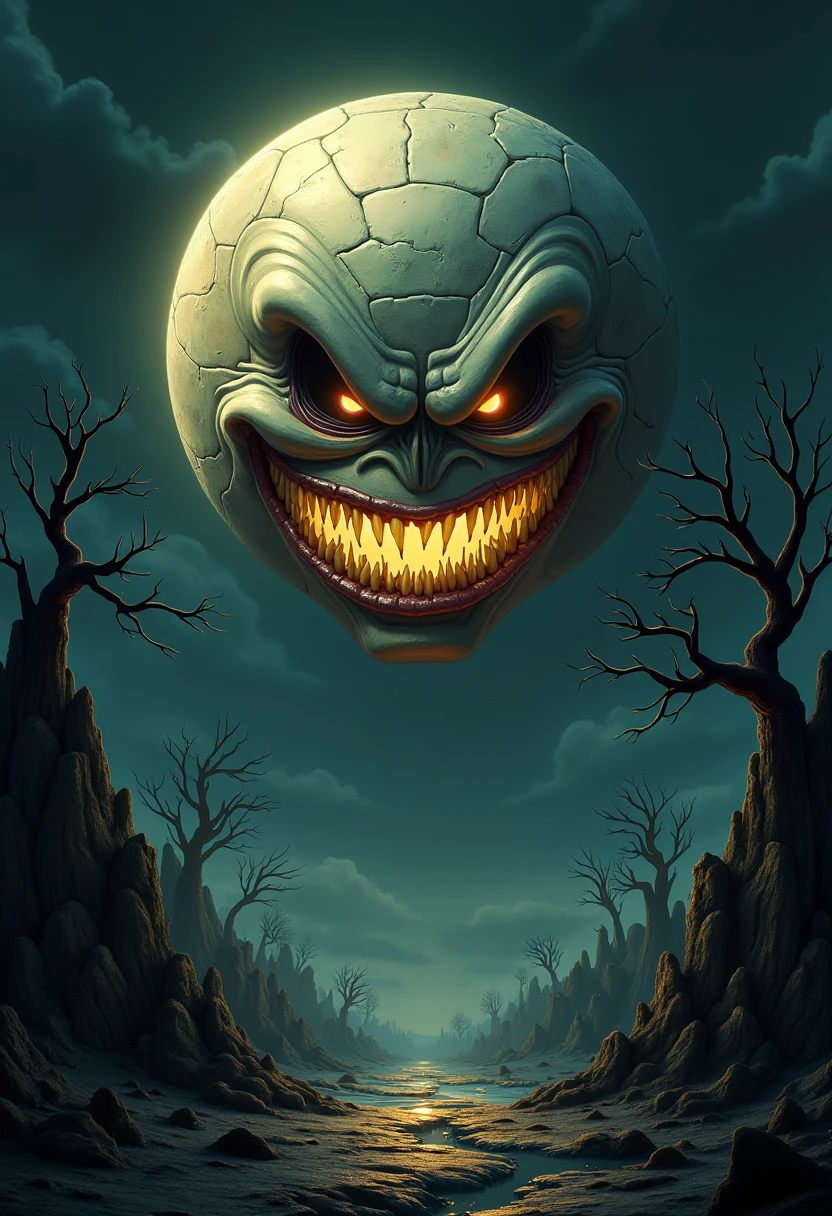 An image of a villainous item: A villainous, twisted rendition of the moon, its glowing surface warped into a menacing smirk. The malevolent moon's face is stretched in a maniacal, evil grin, its cratered eyes gleaming with wicked intent. A diabolical crescent-shaped smile cuts across its face, illuminating the dark surroundings with an eerie, malefic glow.
The nefarious moon hangs low in a foreboding, inky black sky, casting an ominous, villainous light upon the desolate, barren landscape below. The twisted, nightmarish terrain stretches out in all directions, a seemingly endless expanse of jagged, rocky outcroppings and dark, foreboding silhouettes.
In the foreground, skeletal trees loom like specters, their bare, bony branches etched against the dark sky like the grasping fingers of some long-forgotten evil. The air is heavy with an aura of malevolence, as if the very presence of the twisted moon has corrupted the land itself, imbuing it with a dark, malignant energy.