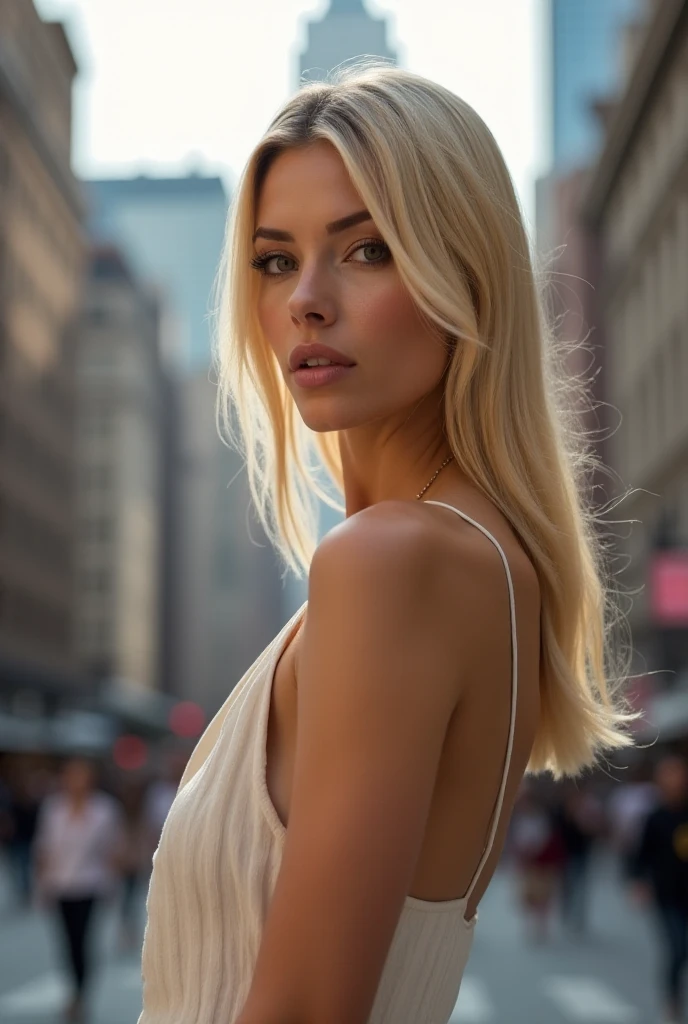 a pretty woman with straight blond hair and thin face. She wears a dress. she is in new york  . photo for instagram, 4k , big breast 