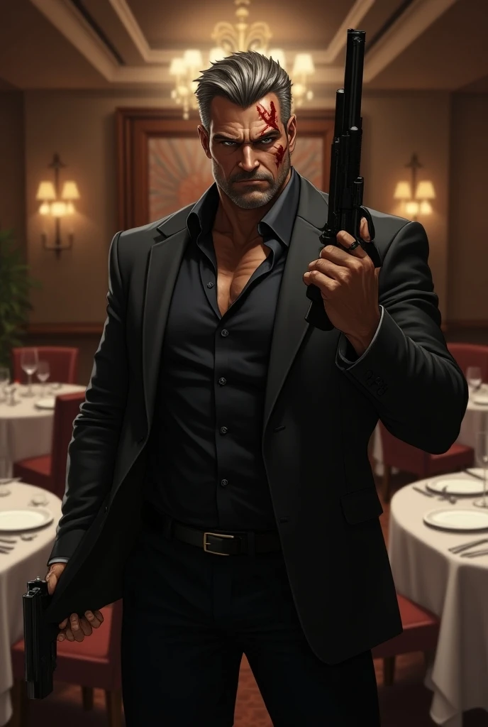 Fox Comedy Character Archer (secret agent in a tuxedo, drunk, brash, handsome, carelessly wielding a pistol), striking an almost dashing pose. 'ARCHER' written in the background