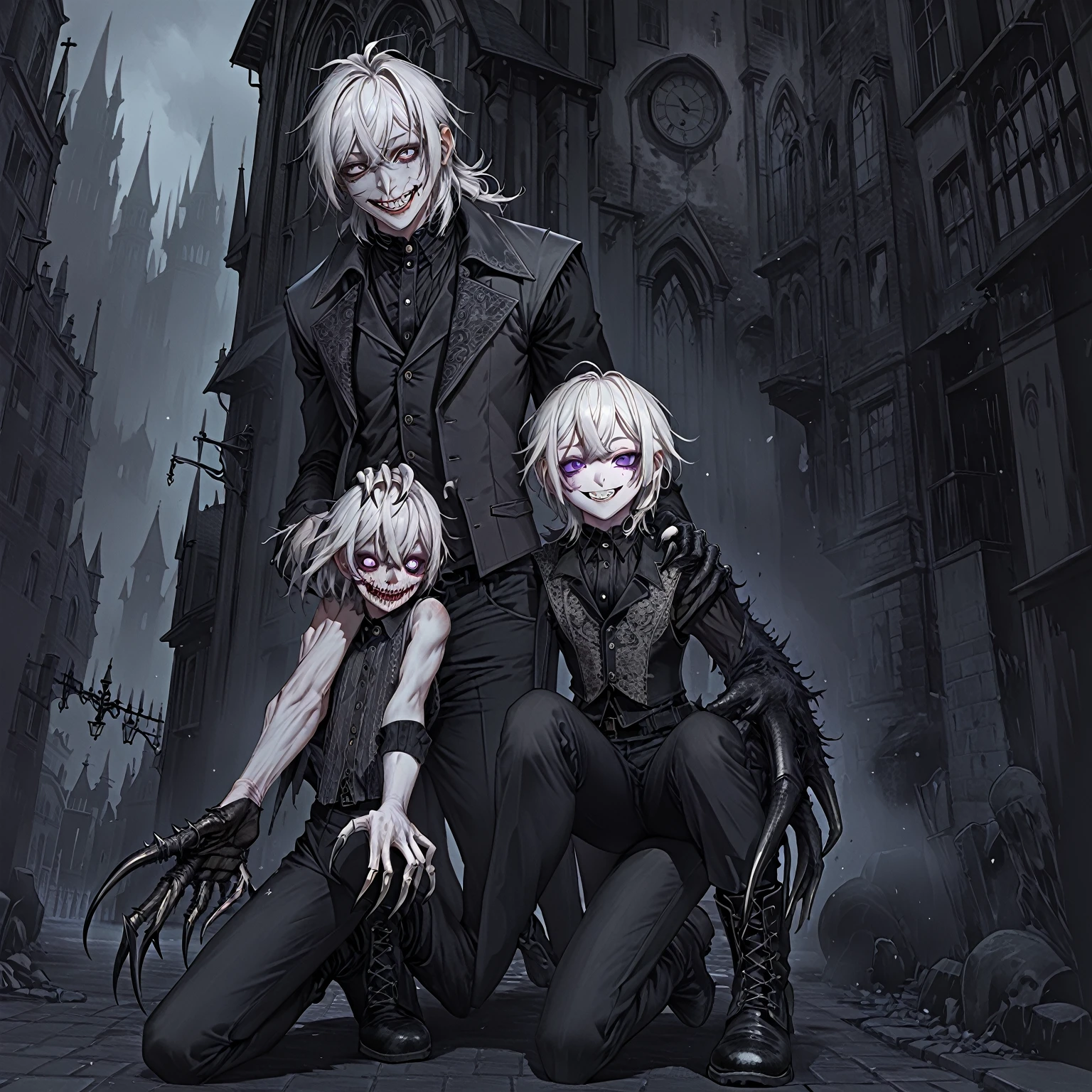 (ultra details, Masterpiece, best quality), ((masterpiece, best quality)), (illustration), (detailedLight), ((Extremely exquisite and beautiful)), score_9, score_8_up, score_7_up, 1boy, 1 person, young boy, uncensored femboy, ((white hair)), messy hair, pale skin, cat mask, half-mask exposing chin, wide grin, cruel grin, purple eyes, vintage clothes (ultra details, Masterpiece, best quality), frilly purple vest, unbuttoned vest, no shirt, effeminate male body, muscular feminine body, vintage embroidered vest, ragged black cloack over one shoulder, fur trim, fur trim at the neck, fur trim at the cloack, black pants, elegant boots, glove with long claws, elegant, ((gothic horror)), ((horror)), ((bloodborne)), ((gothic street))
