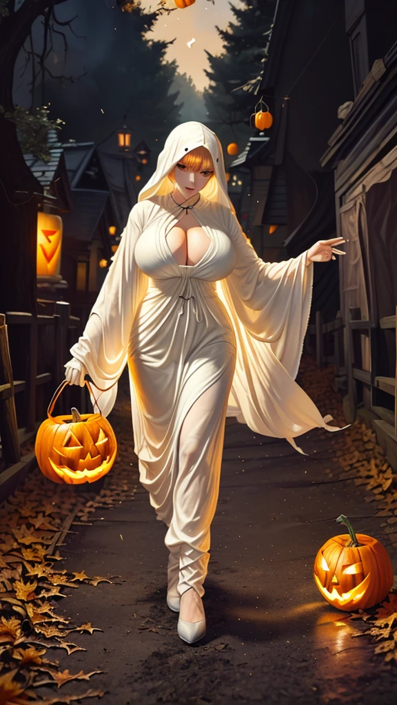 (（（figure，御姐figure,White and tender skin,（（（ghost costume,ghost,））），,(（（No Head ））),((masterpiece)),highres,((Best quality at best)),masterpiece,quality,Best quality,(（（  for the audience ,））），Huge breasts，苗条figure，forest，night，Pumpkin lanterns fall from the sky）））