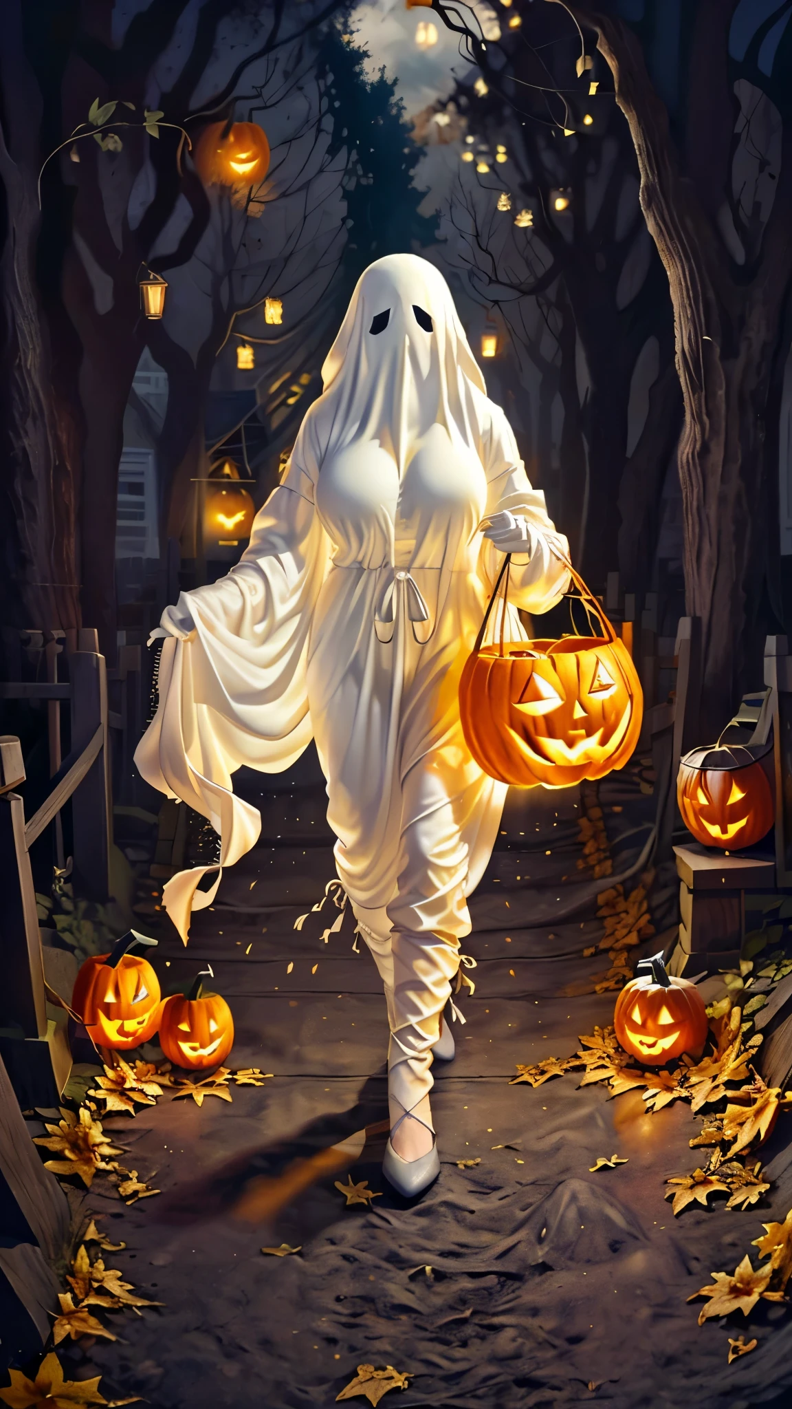 (（（figure，御姐figure,White and tender skin,（（（ghost costume,ghost,））），,(（（No Head ））),((masterpiece)),highres,((Best quality at best)),masterpiece,quality,Best quality,(（（  for the audience ,））），Huge breasts，苗条figure，forest，night，Pumpkin lanterns fall from the sky）））