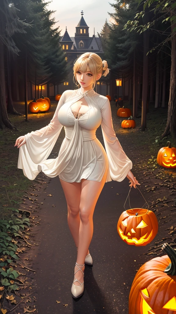 (（（figure，御姐figure,White and tender skin,（（（ghost costume,ghost,））），,(（（No Head ））),((masterpiece)),highres,((Best quality at best)),masterpiece,quality,Best quality,(（（  for the audience ,））），Huge breasts，苗条figure，forest，night，Pumpkin lanterns fall from the sky）））