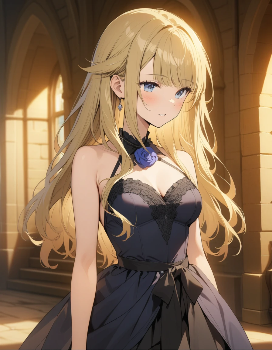 ((masterpiece)),(((best quality))),((ultra-detailed)),((illustration)),((disheveled hair)),((frills)),(1 girl),(solo), a woman in a sophisticated blue dress in a large medieval castle, 
blonde_hair,grey_eyes,Corsage on the right