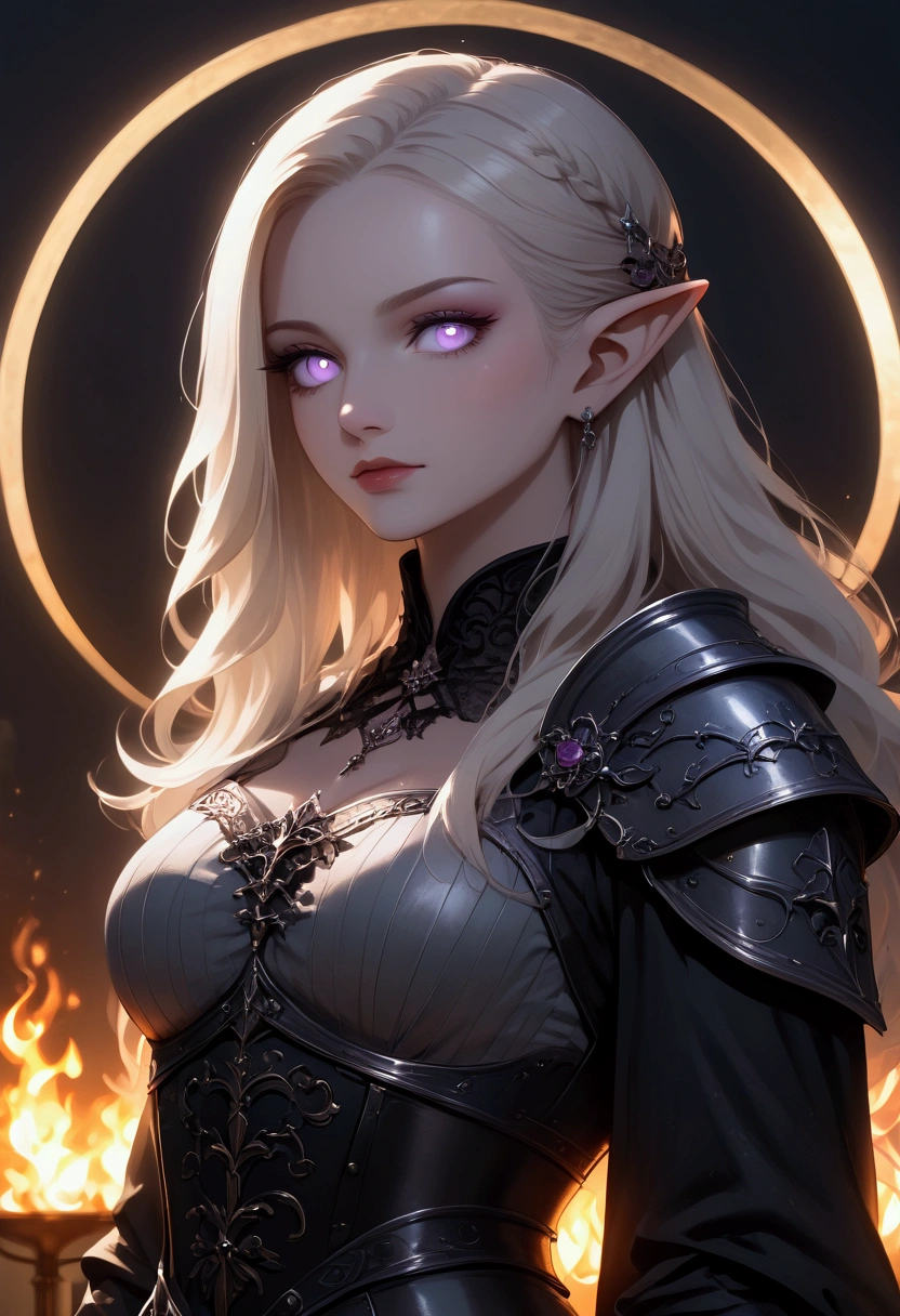 masterpiece, high quality, dark cinematic lighting, moonlight, cold colors, digital, anime, medieval, dark fantasy, smooth linework, close up, textured clothing, textured skin, beautiful face, beautiful lavender eyes, a woman with pale skin, curvy body, thin waist, medium breasts, pointed ears, platinum blonde hair, long hair, wearing a set of elegant armor, gothic armor, plate armor