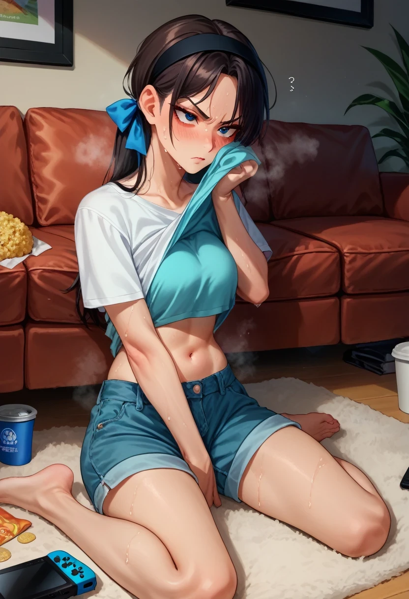 score_9, score_8_up, score_7_up, wiping face, wiping sweat, lifted by self, shirt lift, shirt, sweat, 1girl,  zeroElie, black hairband, hair ribbon, long hair, casual, sitting, couch, indoors, blush, in heat, steaming body, indian style, lotus position, full body, shorts, on couch, annoyed, handheld game console, popcorn, potato chips,