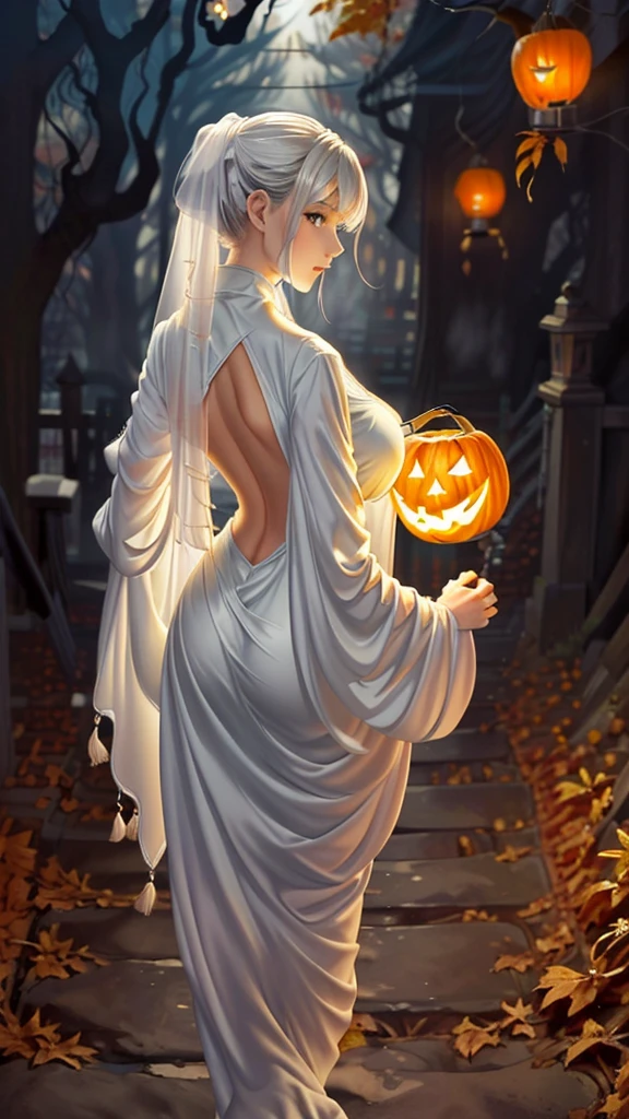 (（（figure，御姐figure,White and tender skin,（（（ghost costume,ghost,））），,(（（No Head ））),((masterpiece)),highres,((Best quality at best)),masterpiece,quality,Best quality,(（（  for the audience ,））），Huge breasts，苗条figure，forest，night，Pumpkin lanterns fall from the sky，From the back，）））