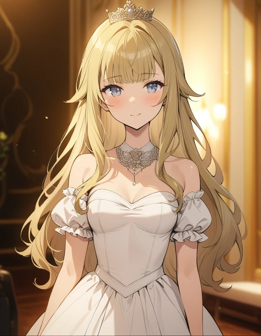 ((masterpiece)),(((best quality))),((ultra-detailed)),((illustration)),((disheveled hair)),((frills)),(1 girl),(solo), Best quality, Masterpiece, A stunningly beautiful Greer Gramer as a royal groom，Wearing a stately and delicate white satin royal dress，Decorated with a bow, frilld, embroidery, Carefully curly and styled hair., blonde_hair, grey_eyes，Corsage on the right