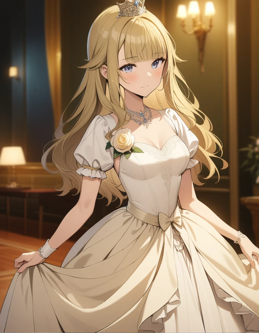 ((masterpiece)),(((best quality))),((ultra-detailed)),((illustration)),((disheveled hair)),((frills)),(1 girl),(solo), Best quality, Masterpiece, A stunningly beautiful Greer Gramer as a royal groom，Wearing a stately and delicate white satin royal dress，Decorated with a bow, frilld, embroidery, Carefully curly and styled hair., blonde_hair, grey_eyes，Corsage on the right
