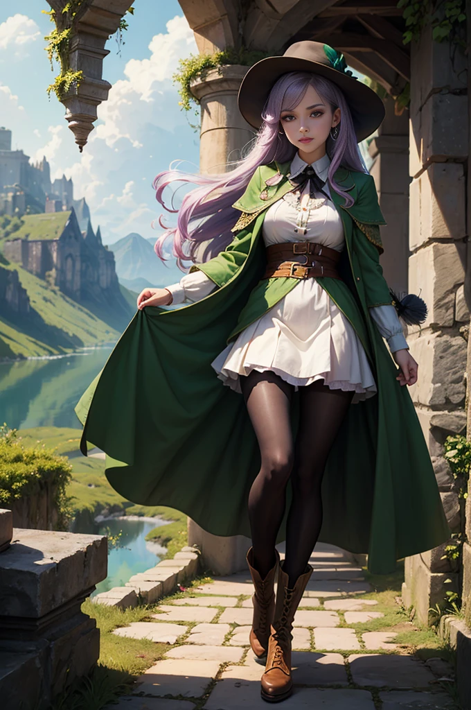 best quality, (masterpiece:1.2), illustration, absurdres,  (1girl, solo), (beautiful detailed girl),, Aeolia, lilac hair, long hair, red eyes, medium breasts,, happy, cheerful,, green hat, hat with feather ornament, green dress, green coat, (fantasy:1.1) (medieval:1.1) outfit, (black_pantyhose:1.1), white shirt, brown shorts, fleece lined boots, brown boots,, magical forest, flowers, fairy ring, ancient ruins, stone ruins, lake, sky, clouds