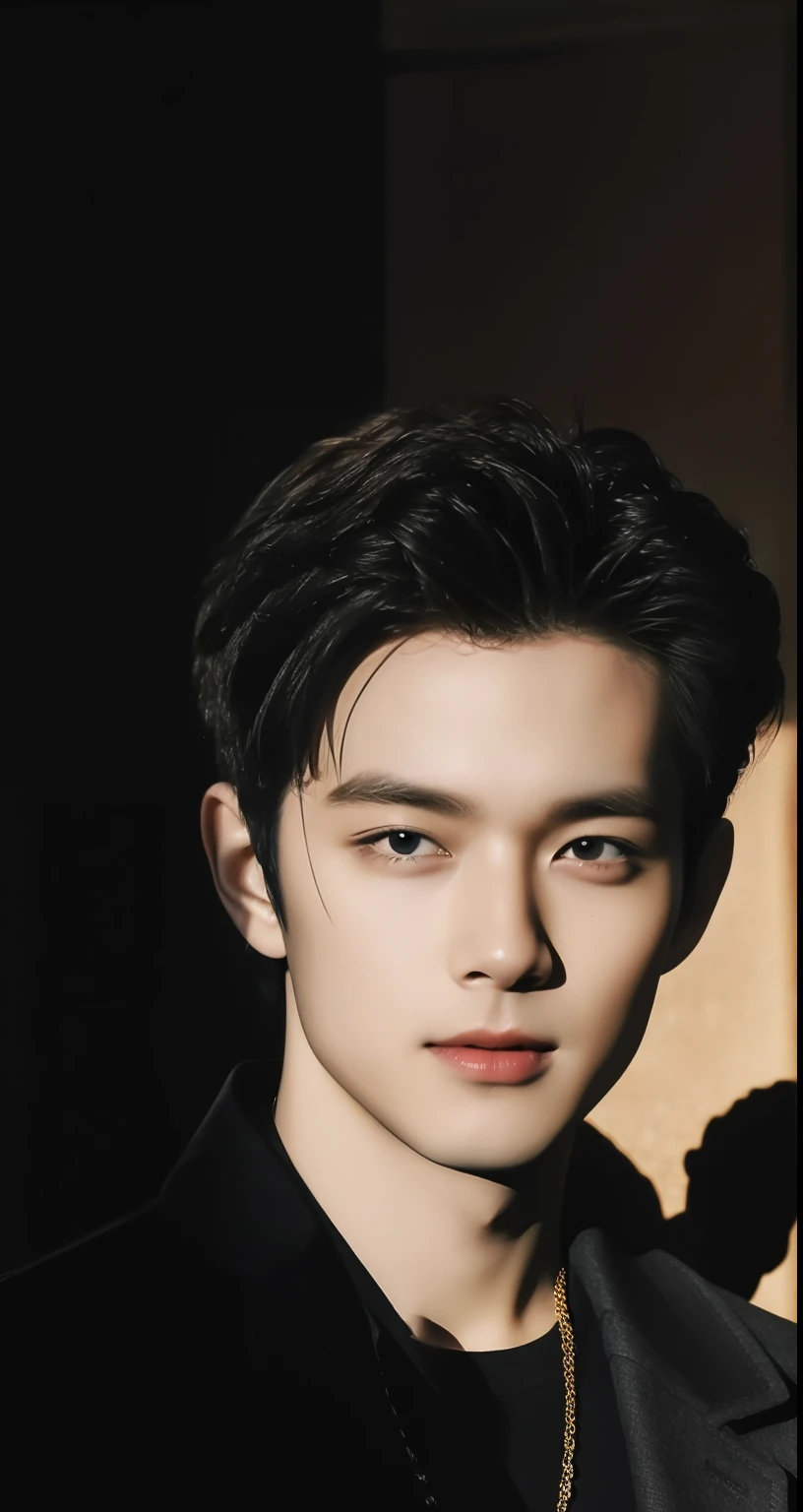 20 years old boy, Handsome man in cafe, sitting, lips smiling, wearing long black shirt, necklace accessory, handsome man style, black hair, middle part hairstyle, half body portrait, (best quality,4k,8k,highres,masterpiece:1.2),ultra-detailed,(realistic,photorealistic,photo-realistic:1.37),cinematic lighting,warm color tone,highly detailed face and features,intricate details,dramatic shadows,natural lighting,photographic,sharp focus,professional photography
