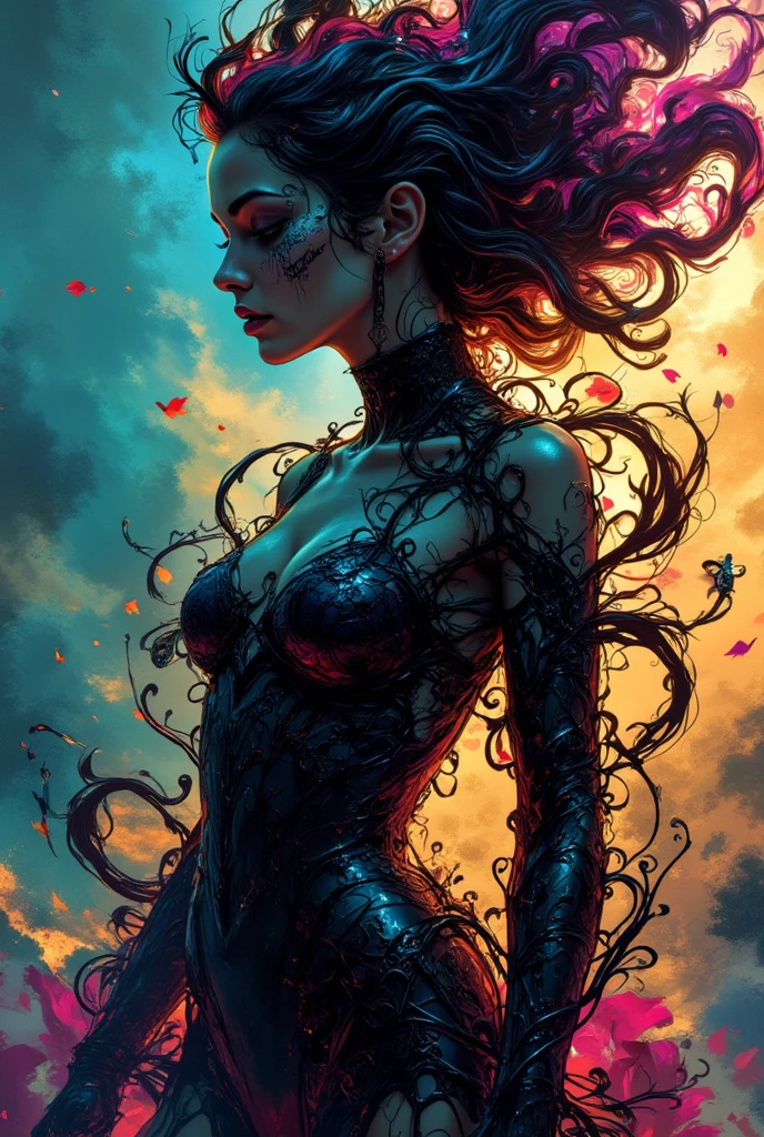 Concept art of a female horror character, enshrouded in flowing black ink that merges with her form, exuding an enigmatic and sophisticated presence. the image is photorealistic and detailed, reminiscent of a fluid gouache painting with calligraphic flourishes. the scene is lit with a combination of natural and volumetric lighting that casts dramatic highlights and shadows, emphasizing the complexity of the design. the style is fantastical and maximalist, with a mysterious and elegant atmosphere akin to a high-resolution professional photo. the background features a vibrant three-color gradient of teal, magenta, and gold, adding depth and variation to the composition.