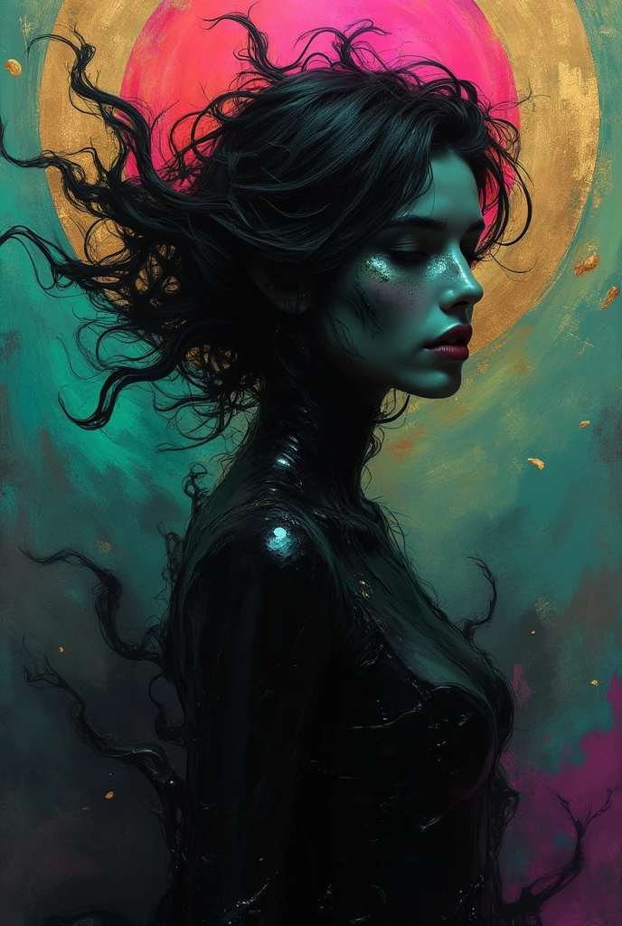 Concept art of a female horror character, enshrouded in flowing black ink that merges with her form, exuding an enigmatic and sophisticated presence. the image is photorealistic and detailed, reminiscent of a fluid gouache painting with calligraphic flourishes. the scene is lit with a combination of natural and volumetric lighting that casts dramatic highlights and shadows, emphasizing the complexity of the design. the style is fantastical and maximalist, with a mysterious and elegant atmosphere akin to a high-resolution professional photo. the background features a vibrant three-color gradient of teal, magenta, and gold, adding depth and variation to the composition.