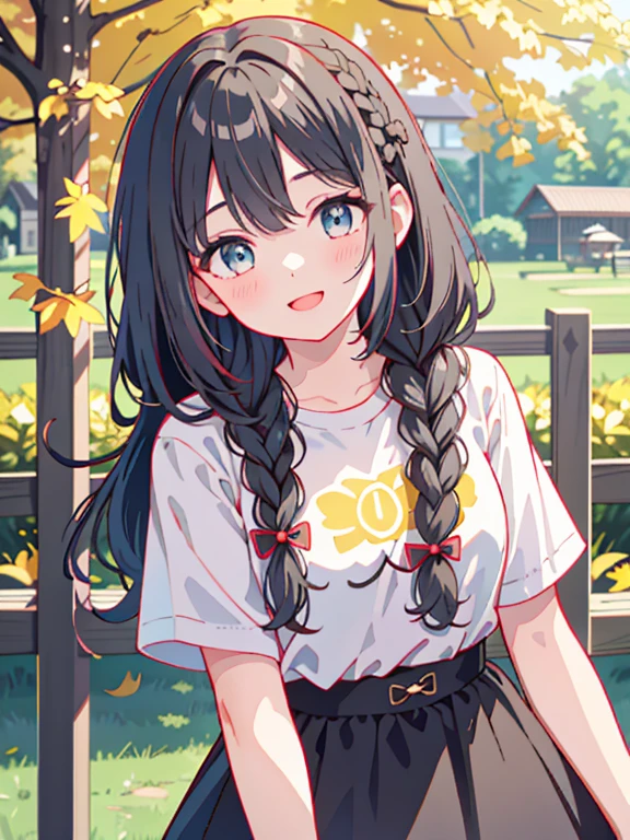 Best Quality、  super high resolution  、 Highly Detailed Face 、Eye Enhancement、Girl with black braided hair、garden、T-Shirts、  CHECKER SKIRT 、smile、  looking at the front in a close-up of their upper body、autumn leaves
