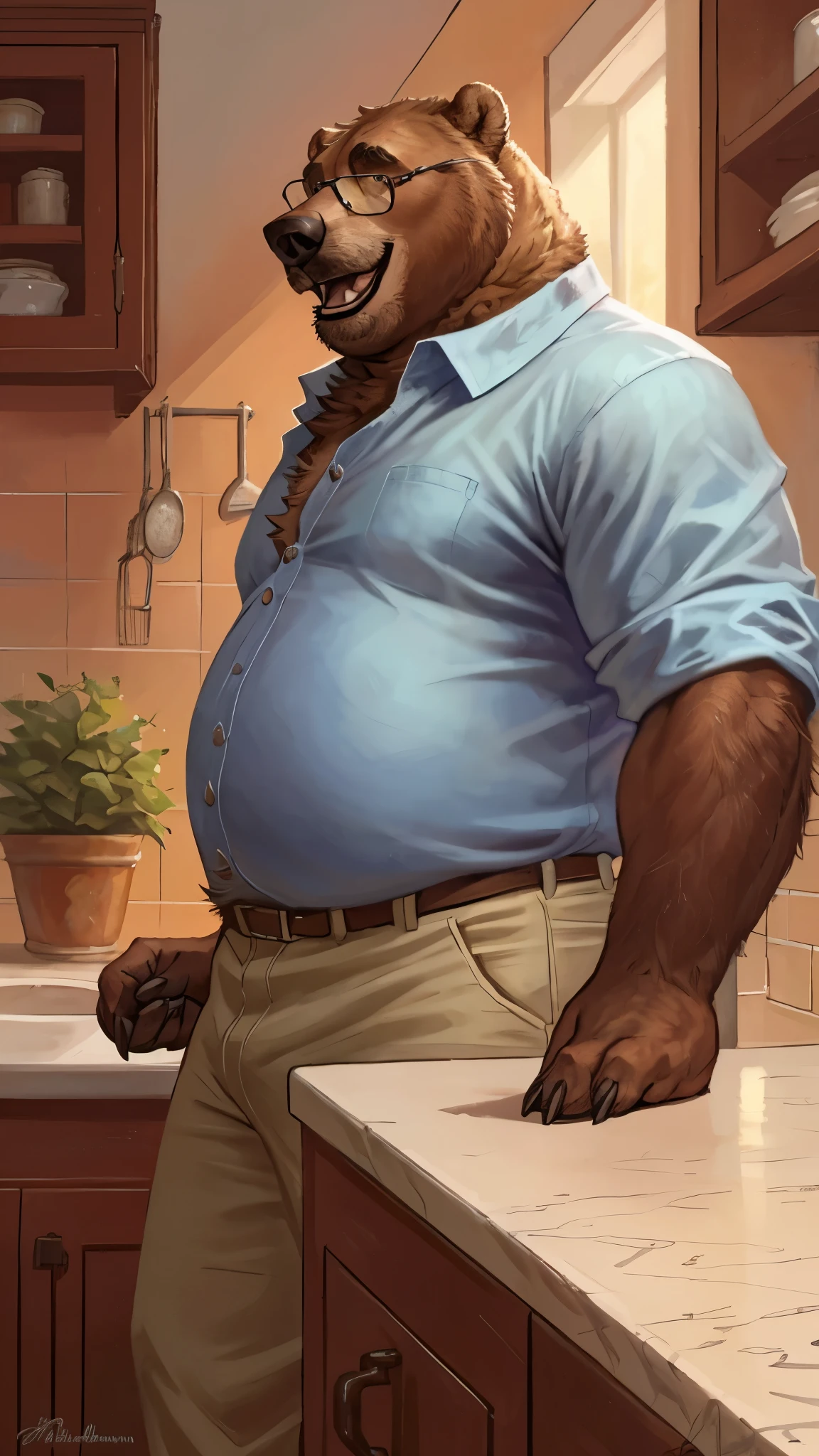 by BruteandBrawn, by velrizoth, by Taran Fiddler, male, solo, full body view, anthro (grizzly bear), adult, (overweight), ((standing)), (detailed eyes:1.2), ((pastel blue button down shirt:1.2)), (hairy), ((laughing, looking down at viewer)), (detailed background, kitchen), ((mature male, grandpa)), ((chubby)), ((very detailed clothing)), ((thick thighs)), ((very detailed lighting)), ((natural lighting)), leaning over sink, bushy eyebrows, wide hips, fat butt, low horizon line, penis sheath, mustache, glasses