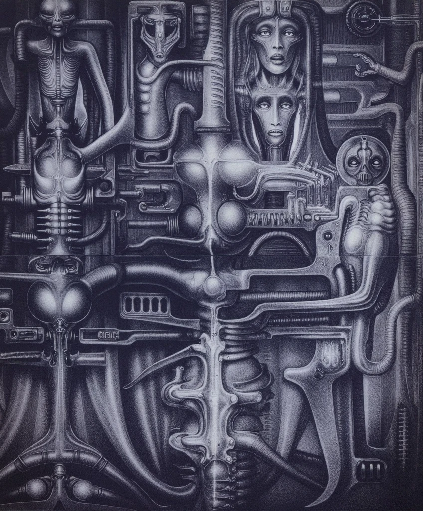 HRGGR, The image is a detailed view of H.R. Giger's biomechanical tableau \" LANDSCAPE No 312 \" plate, featuring a complex, intricate, and detailed design of endless Machine in the transit space over the cascade of fallen water, that appears to be a fusion of organic and mechanical elements, with a focus on the interplay between the two.The piece is a tableau, most likely created with a India ink pen or pencil on paper, determined by the thin lines, shading techniques, and the texture of the paper, which is visible around the edges. Used is pen, given the shading and variations in line weight visible in the image. Artist have used a variety of stylus with different degrees of hardness to achieve the shading effects. The use of undersaturated green-grays dark contrasts creates a stark and graphic look. Is used a variety of linework techniques to create different textures. Fine, parallel lines create a smooth, metallic texture,while thicker, more cursive lines suggest cables or wires. Light source from the top highlights skeletals, pper part of foreground, lower part of image is in shadowupper part of foreground, lower part of image is in shadow. The art performance showcases the artist’s skills in observation and rendering. The level of detail in the piece suggests a close study of real bone specimens and mechanics. The artist has skillfully used shading techniques to create a convincing illusion of three-dimensionality on a flat surface. The wrinkles and cracks in the surface, and the cast shadows with accuracy, used shading techniques to create a realistic depiction of light and shadow on the objects. This creates a sense of depth and dimension in the image. The artist has used careful linework to depict the contours and textures in the piece Sharp focus on foreground elements illustration. Deep and delicate DOF. Big painting. Stored in Louvre masterpiece, ooze soaked pajama top