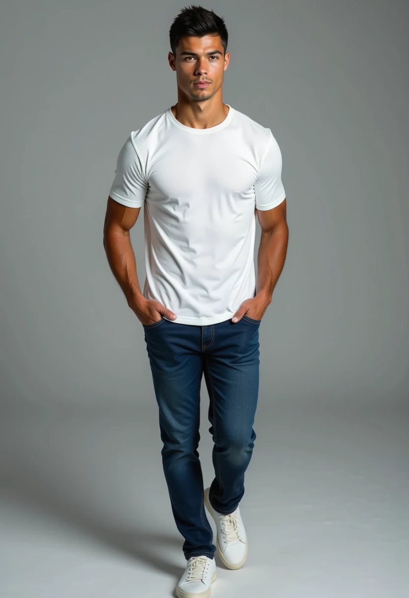  RonaldoFace man, adult, white skin, black hair, wear white t-shirt, deepblue jeans, canvas shoes, 4k, walking